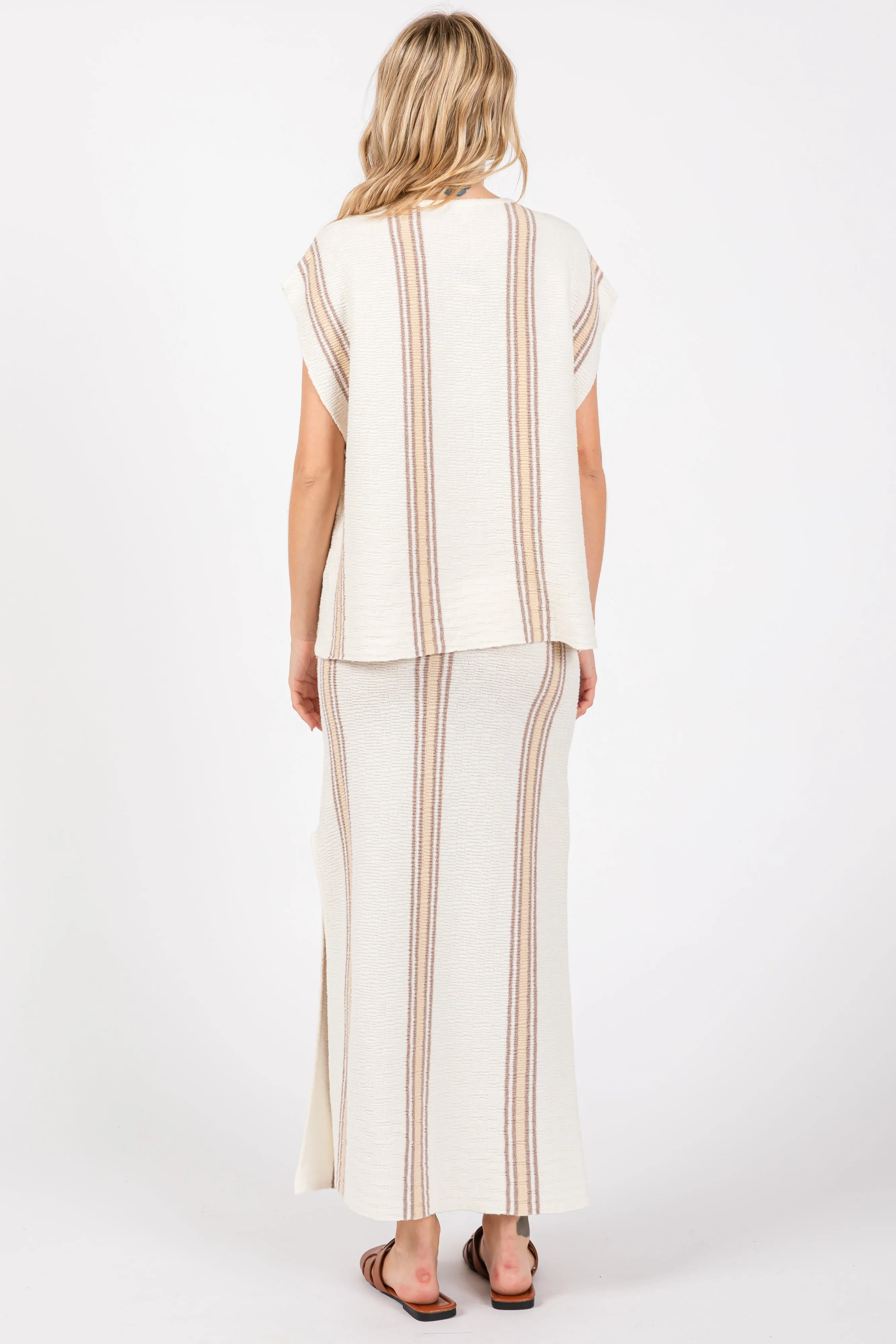 Ivory Striped Knit V-Neck Midi Skirt Set sold by Pinkblush product image thumbnail 3