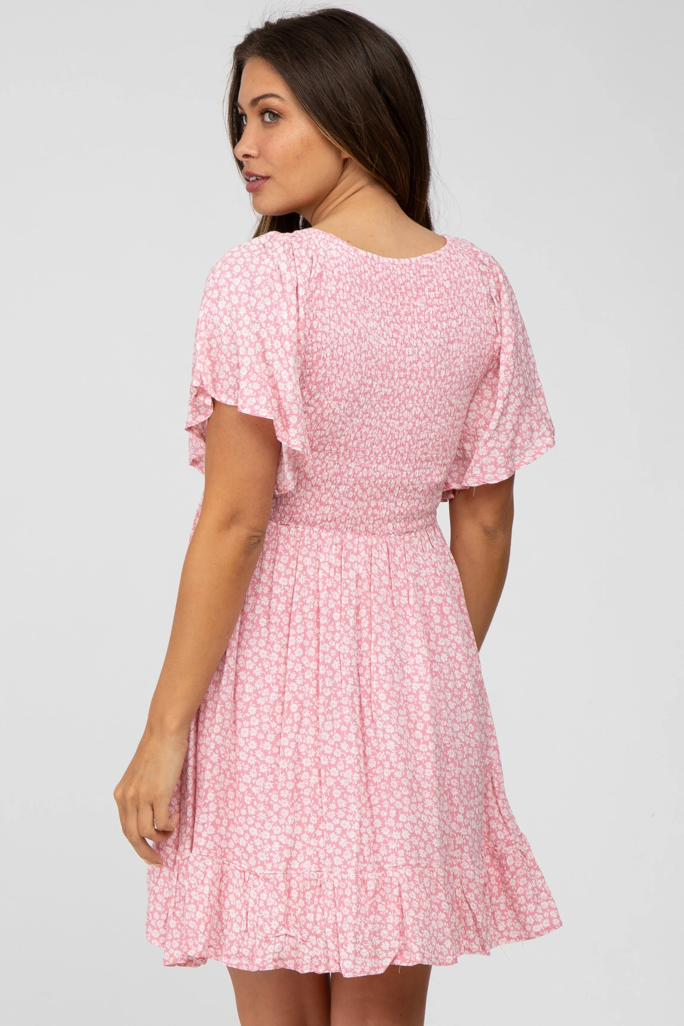 Light Pink Floral Print Smocked V-Neck Maternity Dress sold by Pinkblush product image thumbnail 3