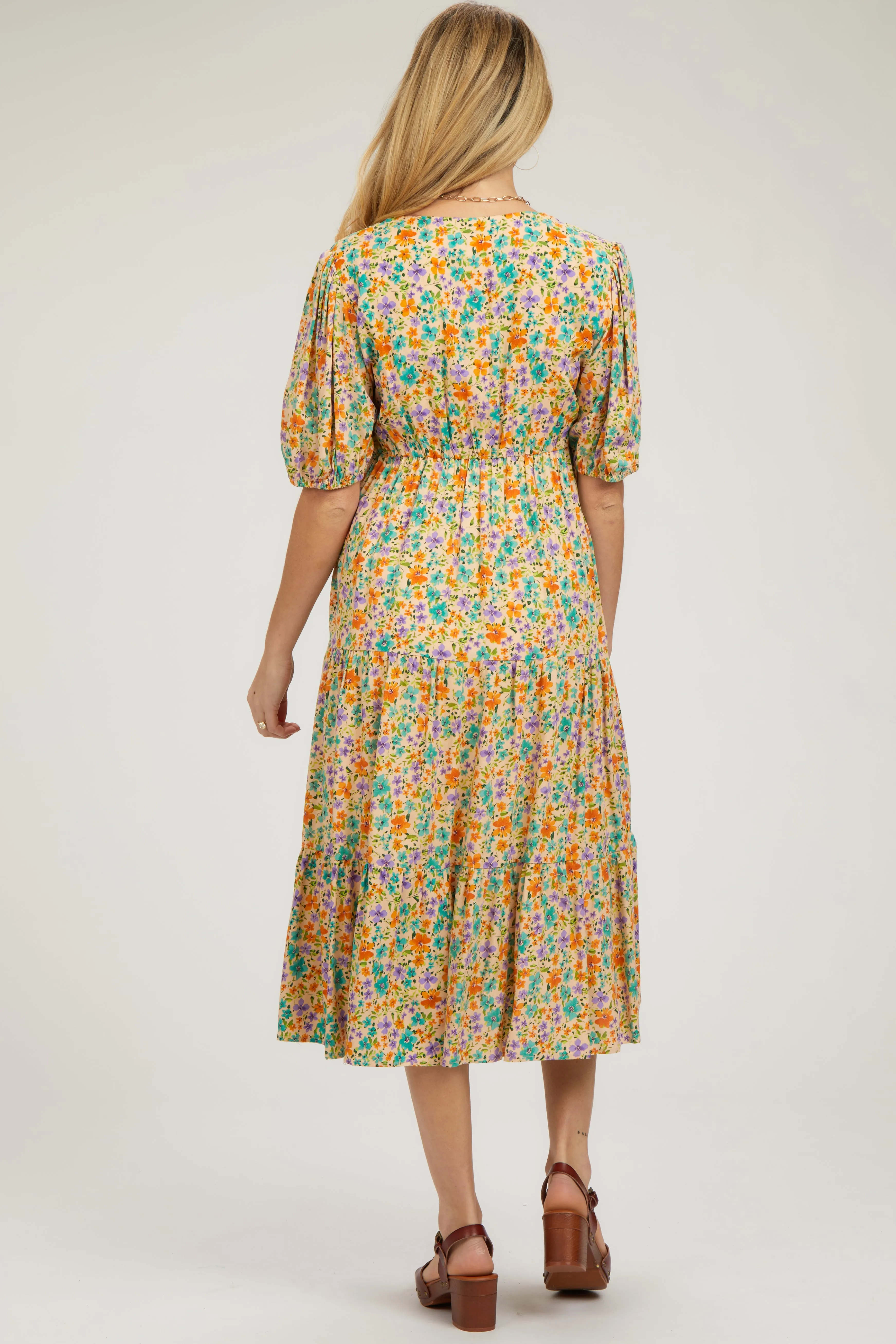 Beige Floral Button Front Ruffle Hem Maternity Midi Dress sold by Pinkblush product image thumbnail 3