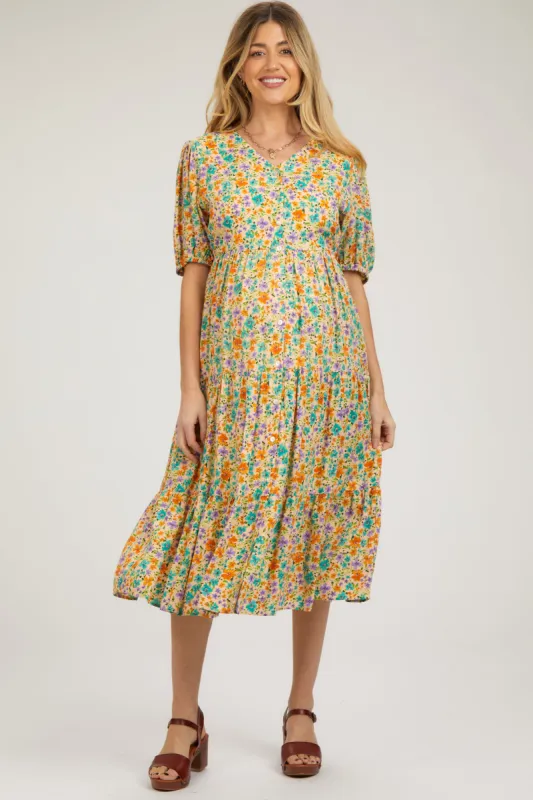 Beige Floral Button Front Ruffle Hem Maternity Midi Dress sold by Pinkblush