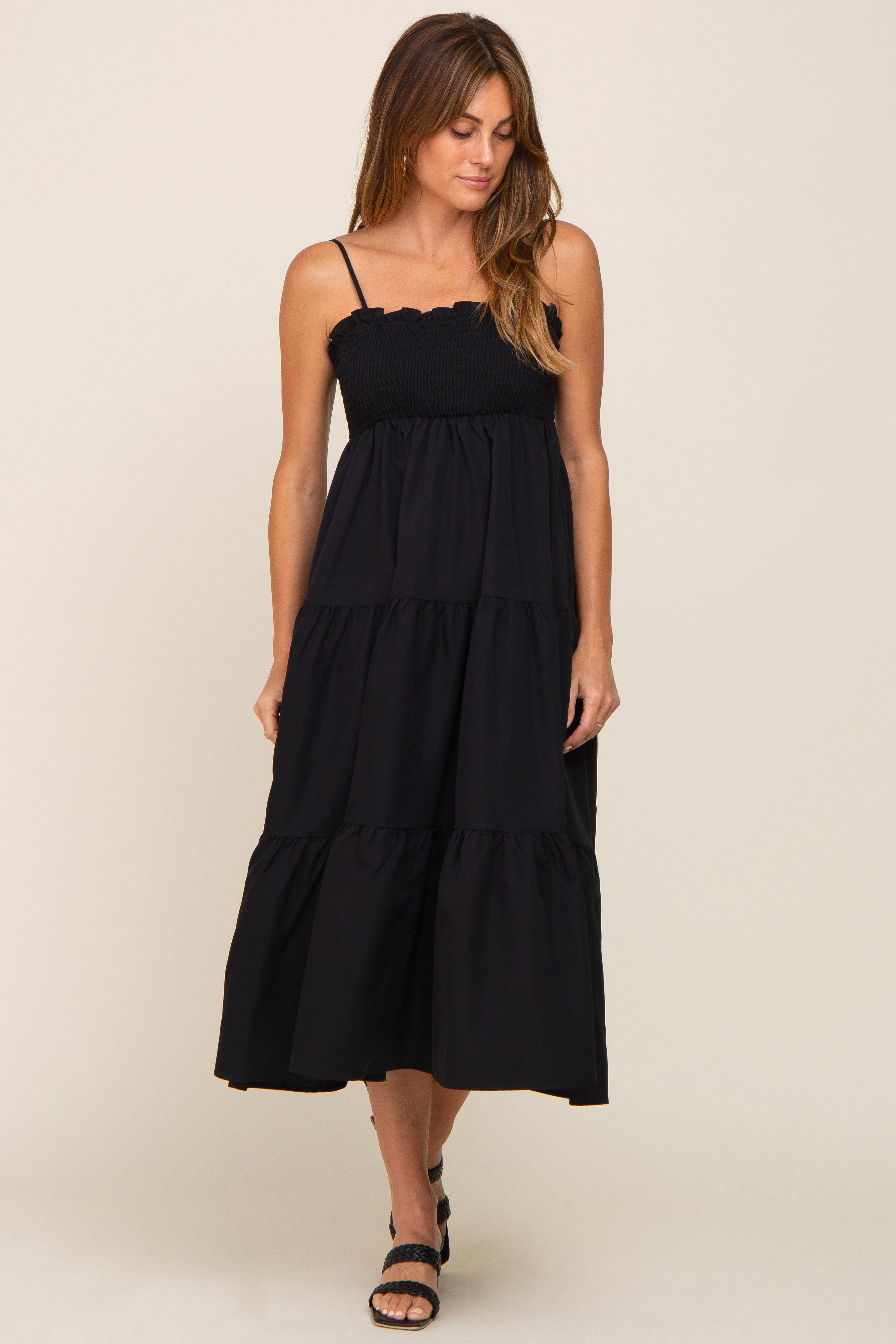 Black Smocked Open Back Tiered Midi Dress sold by Pinkblush product image thumbnail 5