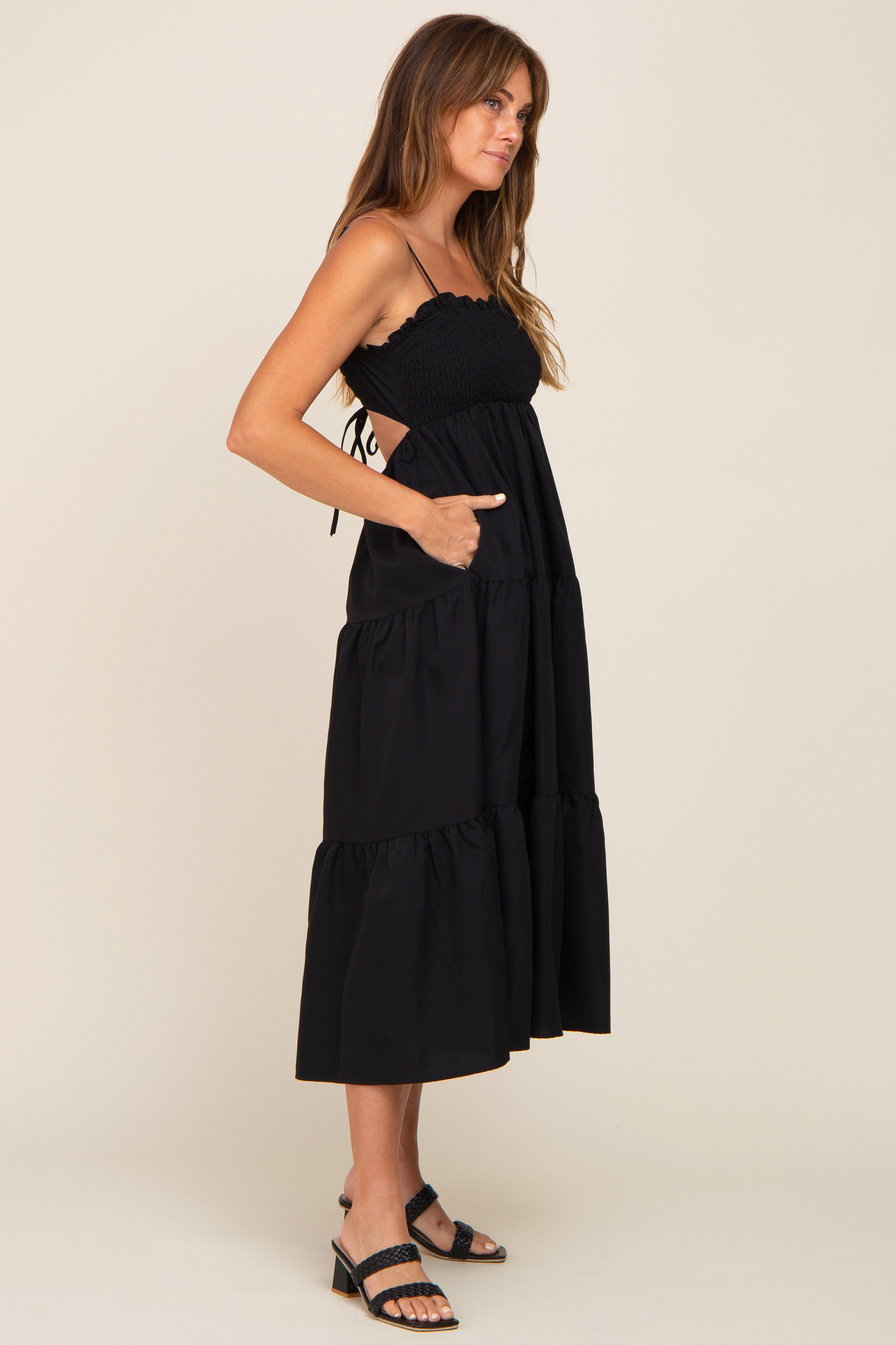 Black Smocked Open Back Tiered Midi Dress sold by Pinkblush product image thumbnail 2