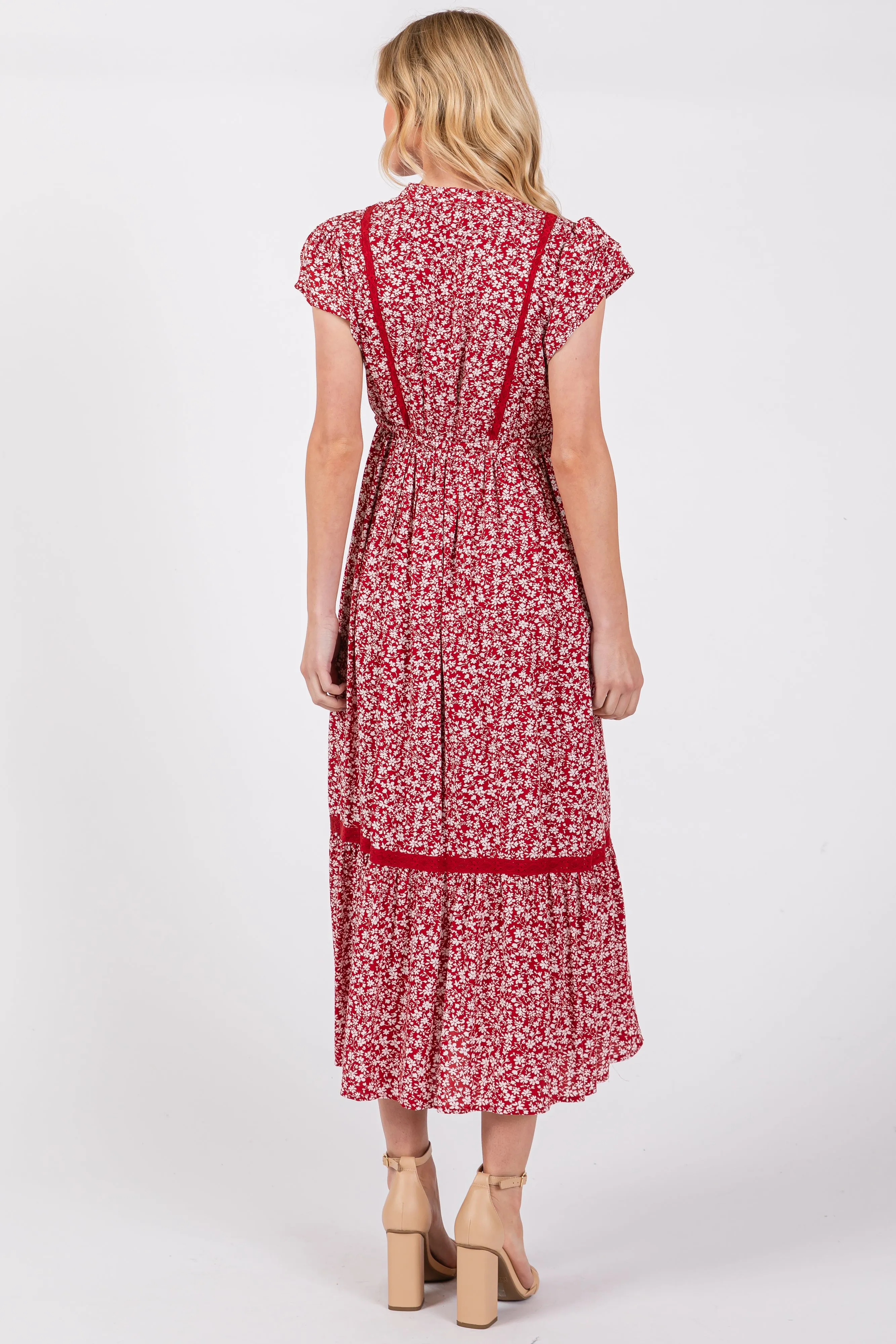 Red Floral Lace Trim Midi Dress sold by Pinkblush product image thumbnail 3