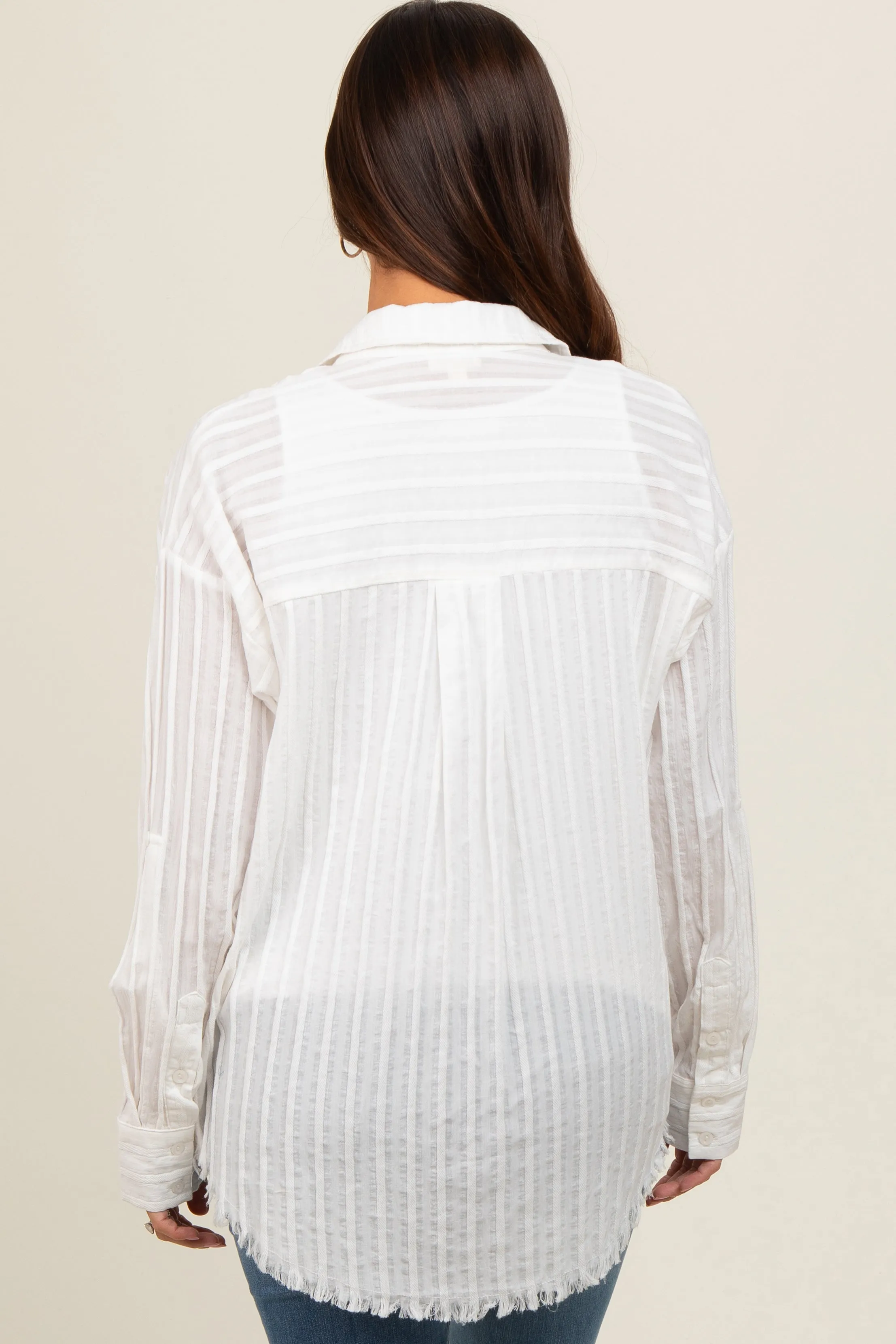 White Striped Fringe Button Down Maternity Shirt sold by Pinkblush product image thumbnail 3