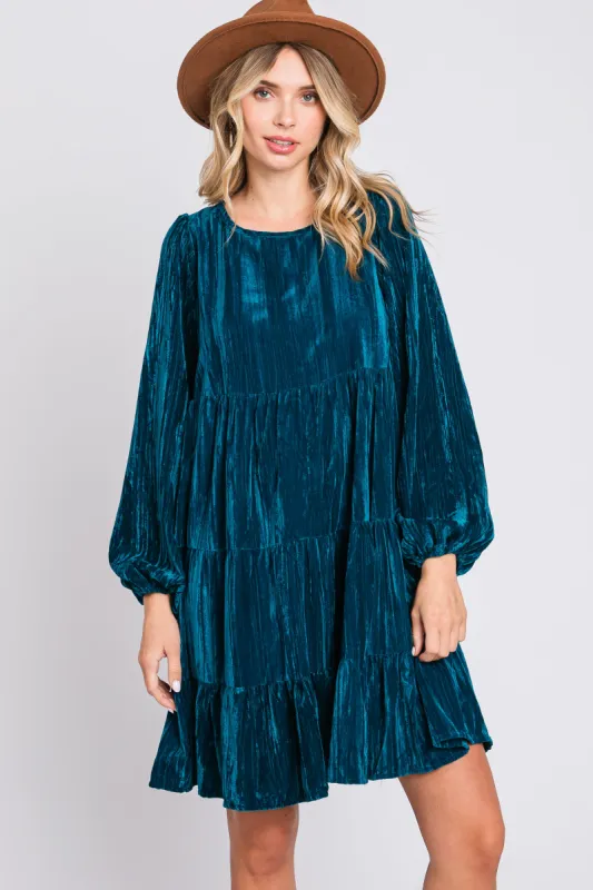 Teal Velvet Tiered Long Sleeve Dress sold by Pinkblush