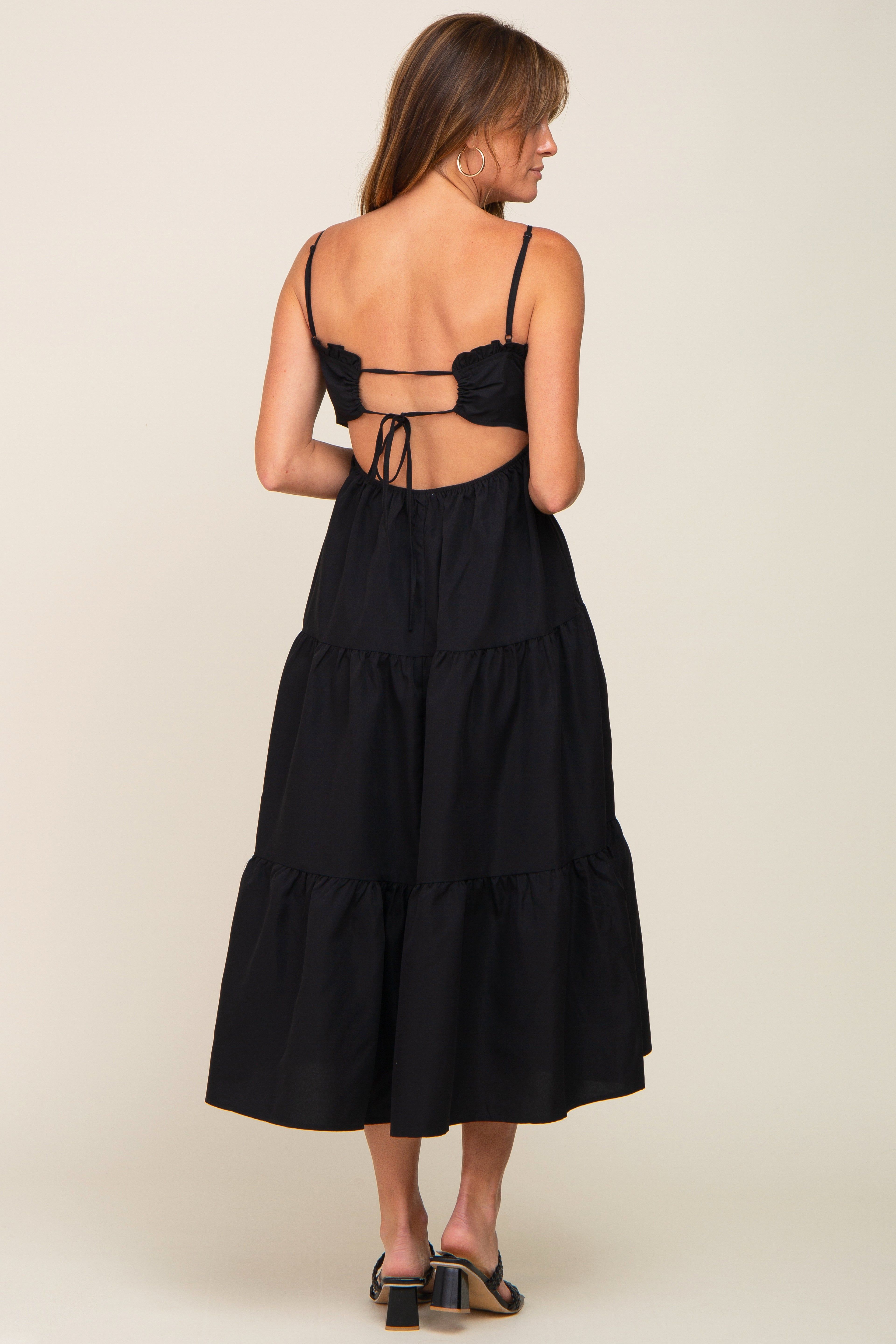 Black Smocked Open Back Tiered Midi Dress sold by Pinkblush product image thumbnail 3