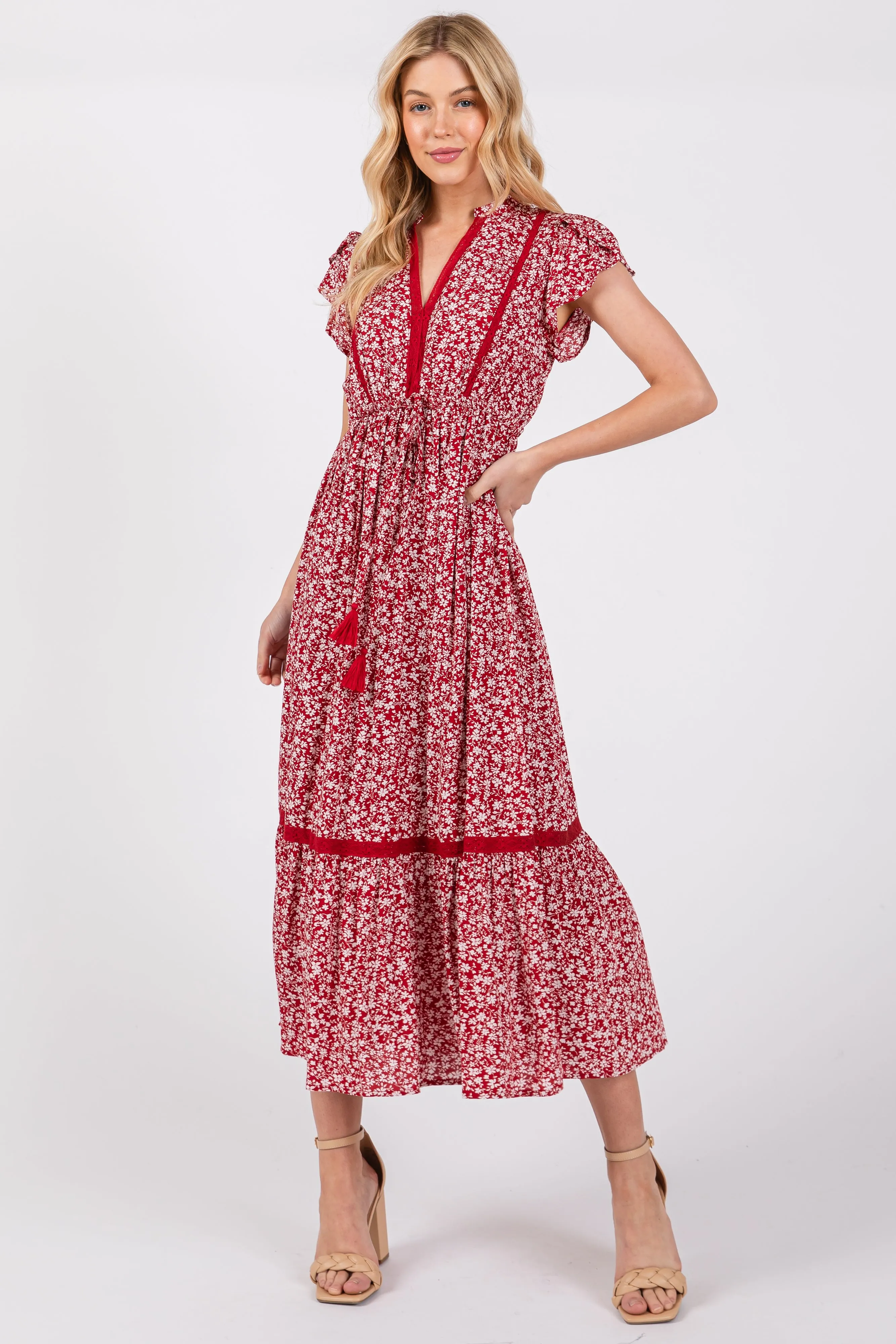 Red Floral Lace Trim Midi Dress sold by Pinkblush