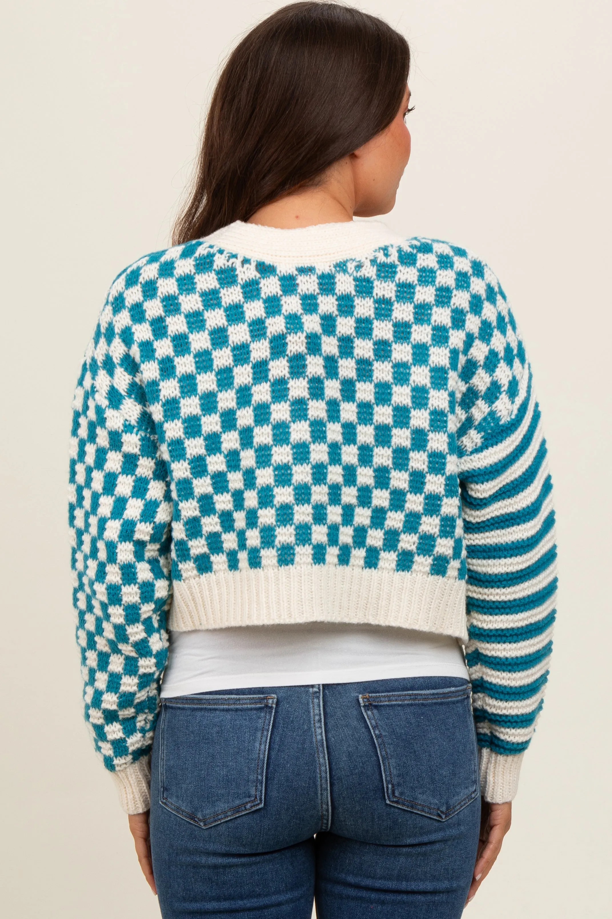 Teal Checker Stripe Button Up Maternity Cardigan sold by Pinkblush product image thumbnail 3