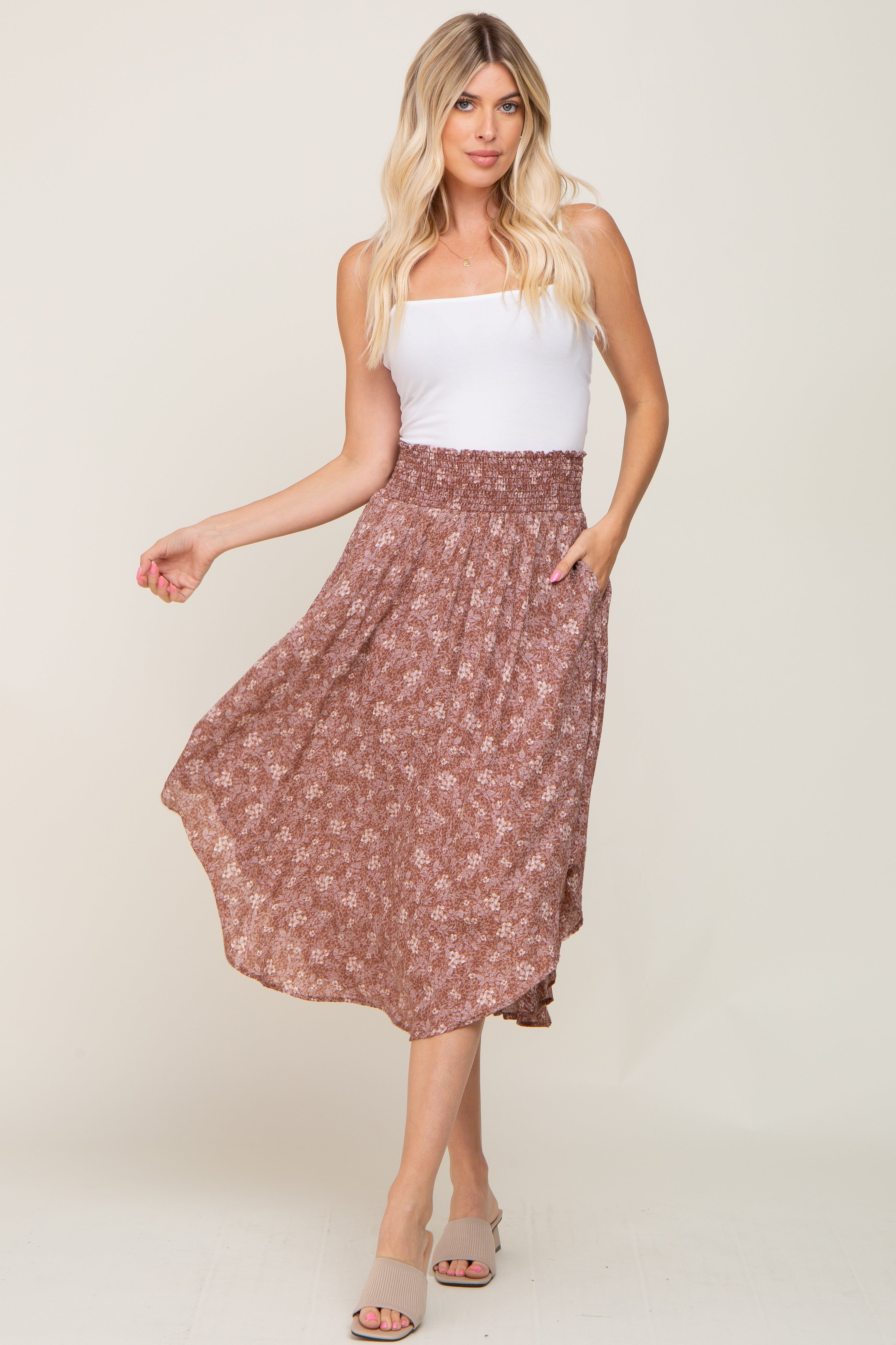 Mauve Floral Smocked Waist Midi Skirt sold by Pinkblush