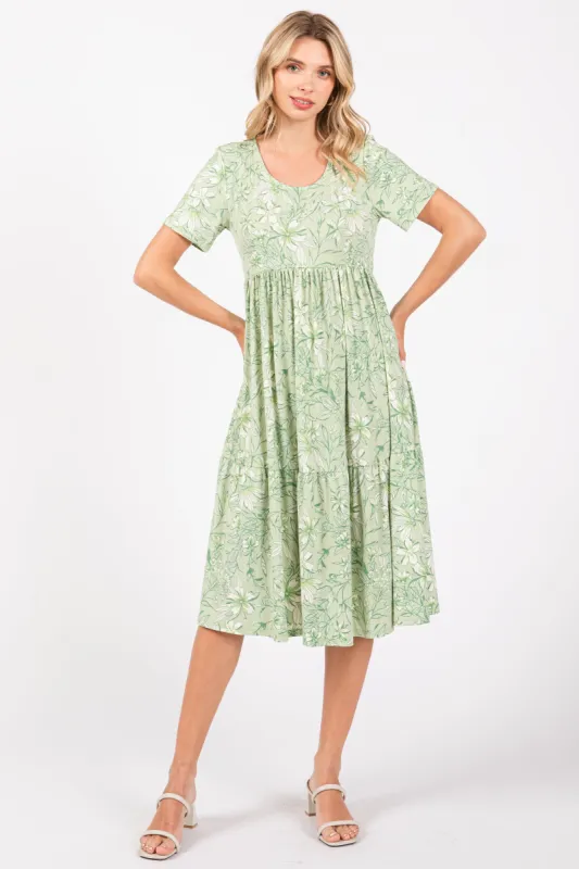 Light Olive Floral Tiered Midi Dress sold by Pinkblush