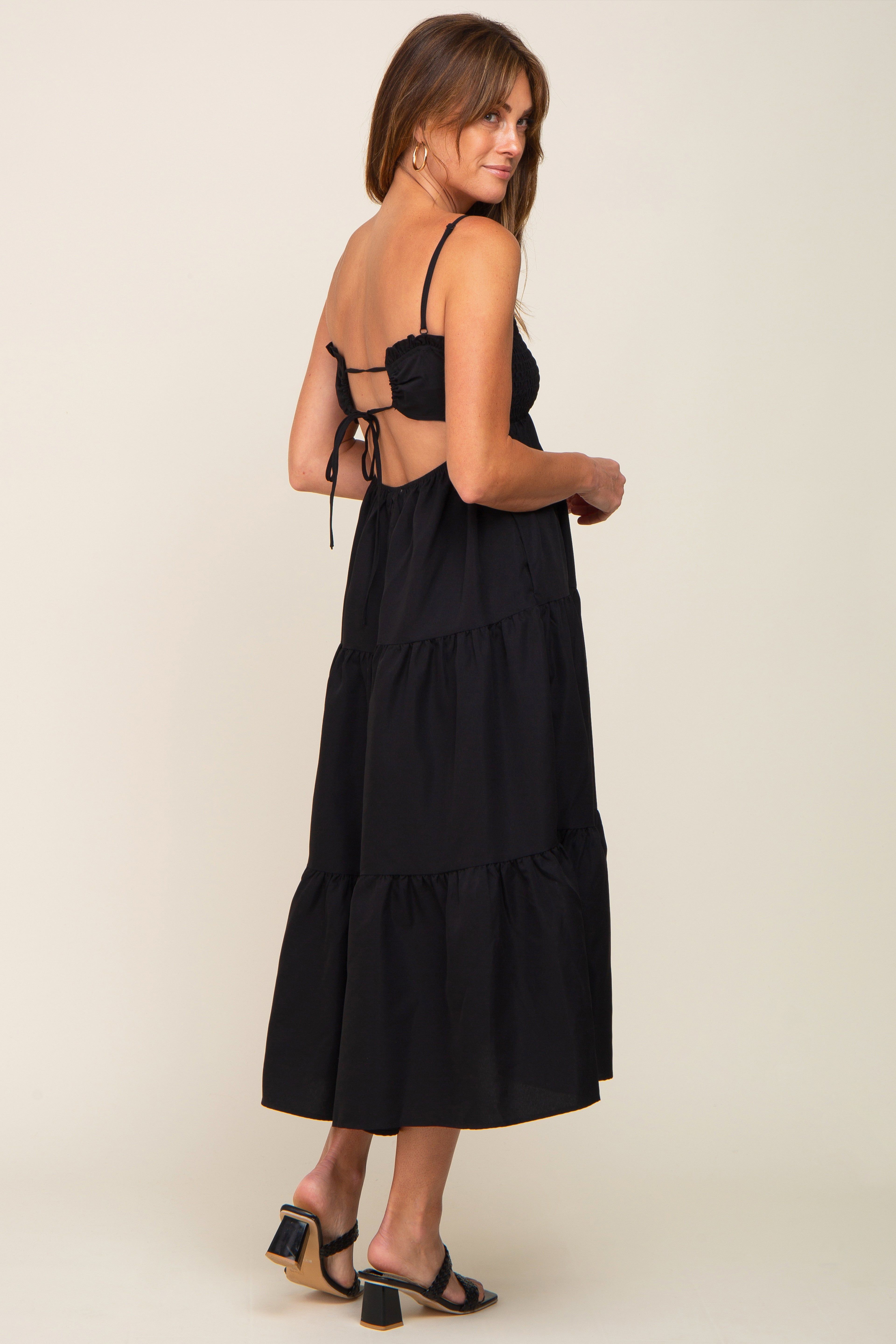 Black Smocked Open Back Tiered Midi Dress sold by Pinkblush
