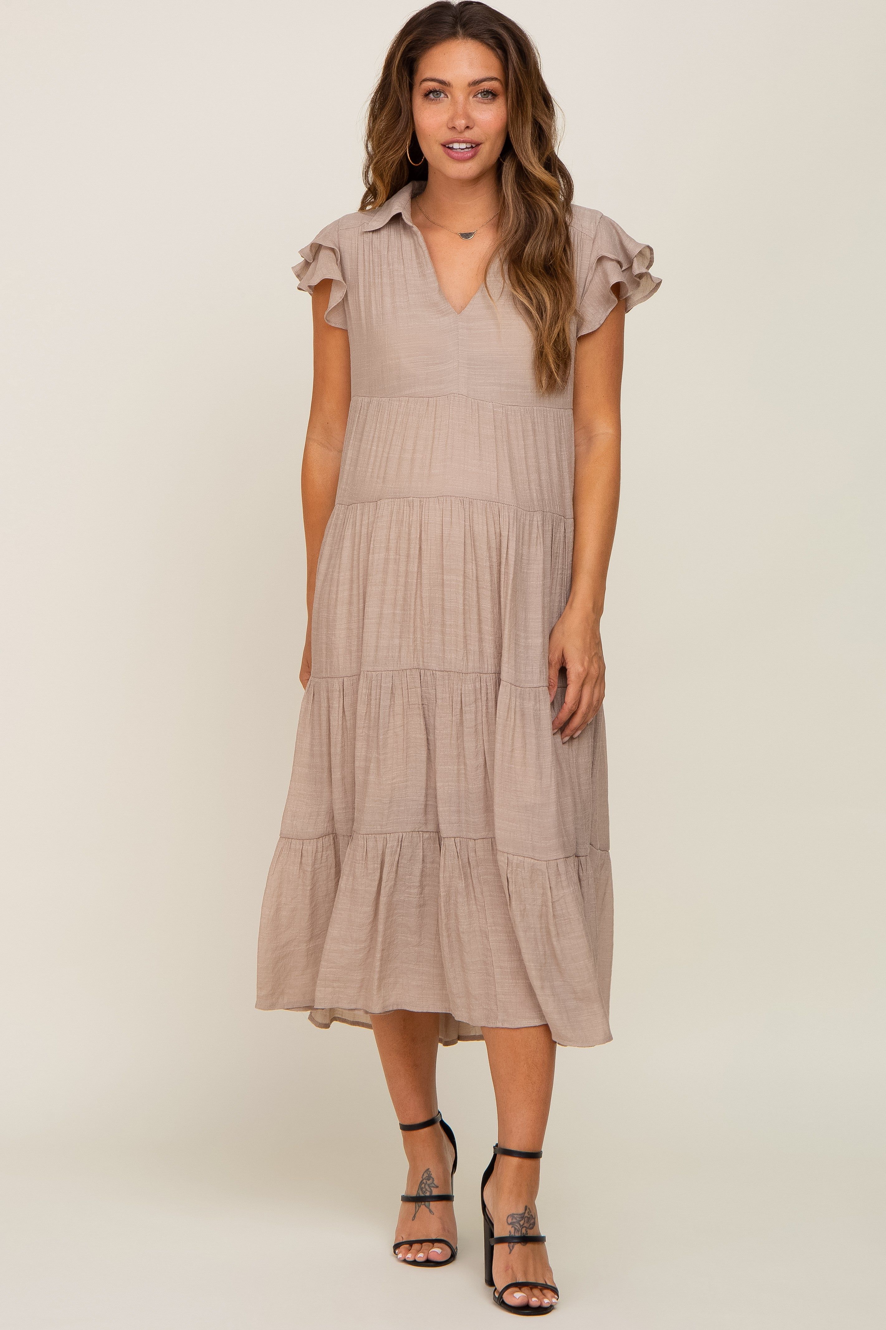 Taupe Flutter Sleeve Tiered Maternity Midi Dress sold by Pinkblush product image thumbnail 4
