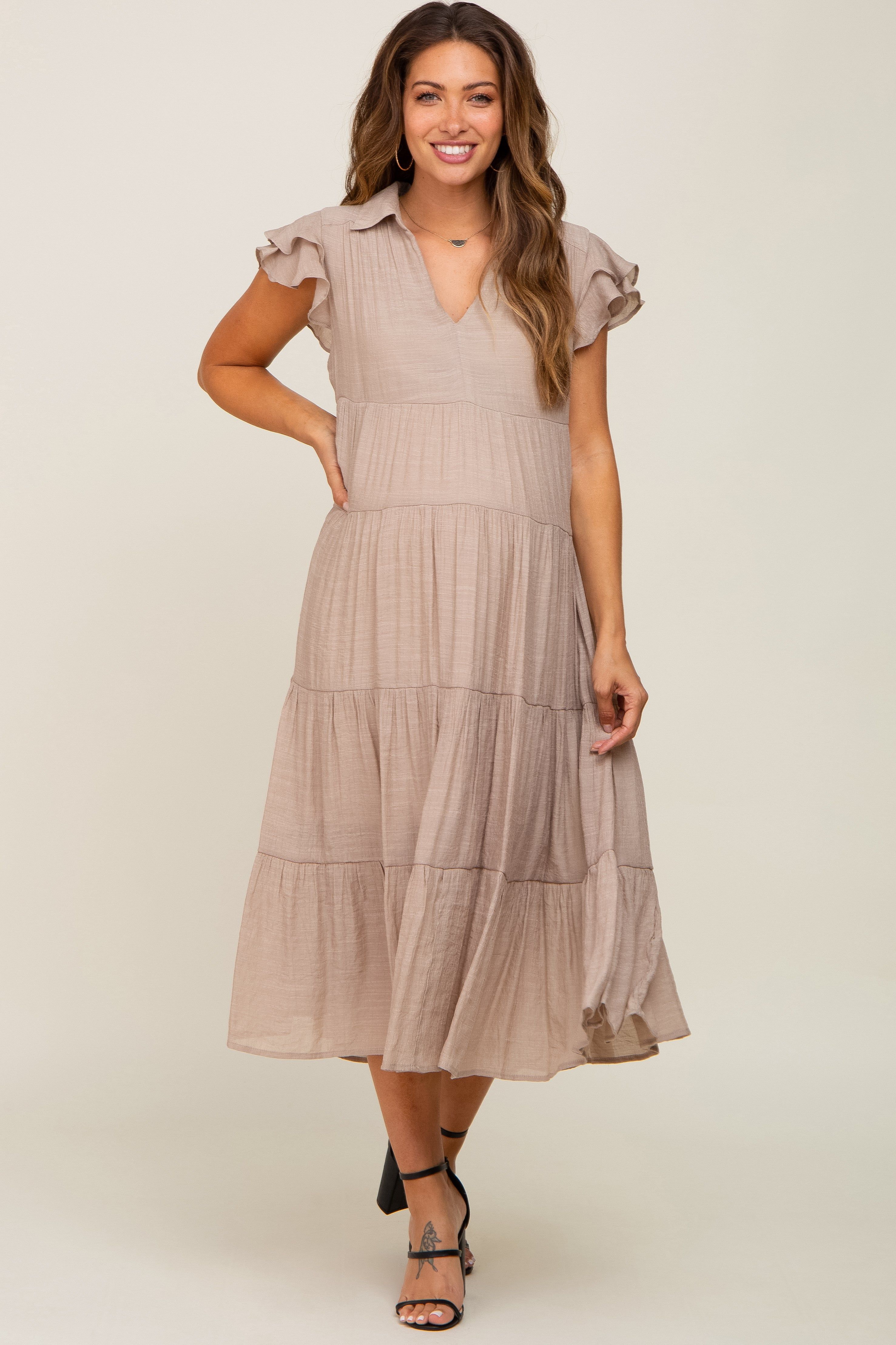 Taupe Flutter Sleeve Tiered Maternity Midi Dress sold by Pinkblush