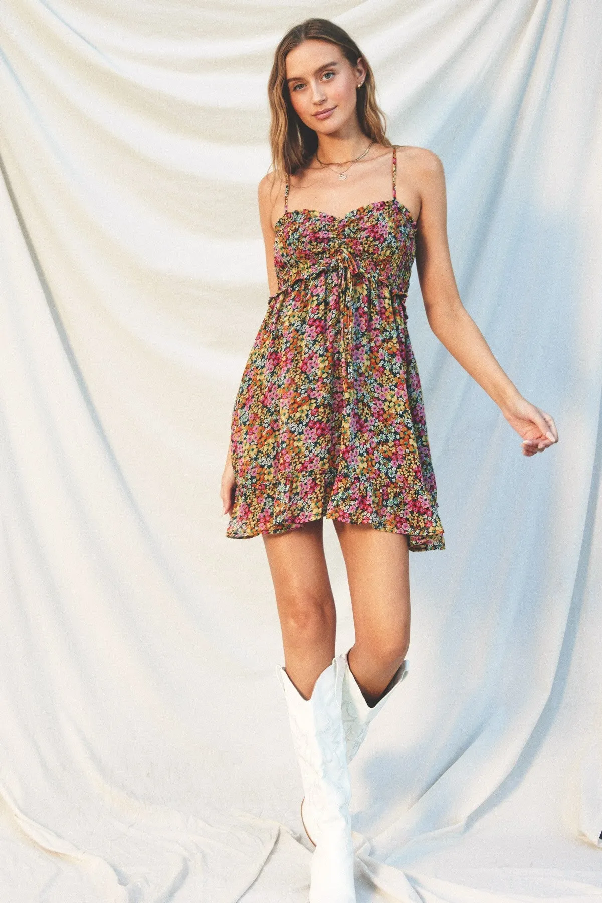 Black Floral Chiffon Smocked Ruched Front Dress sold by Pinkblush product image thumbnail 4