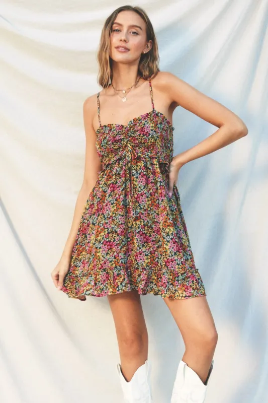 Black Floral Chiffon Smocked Ruched Front Dress sold by Pinkblush