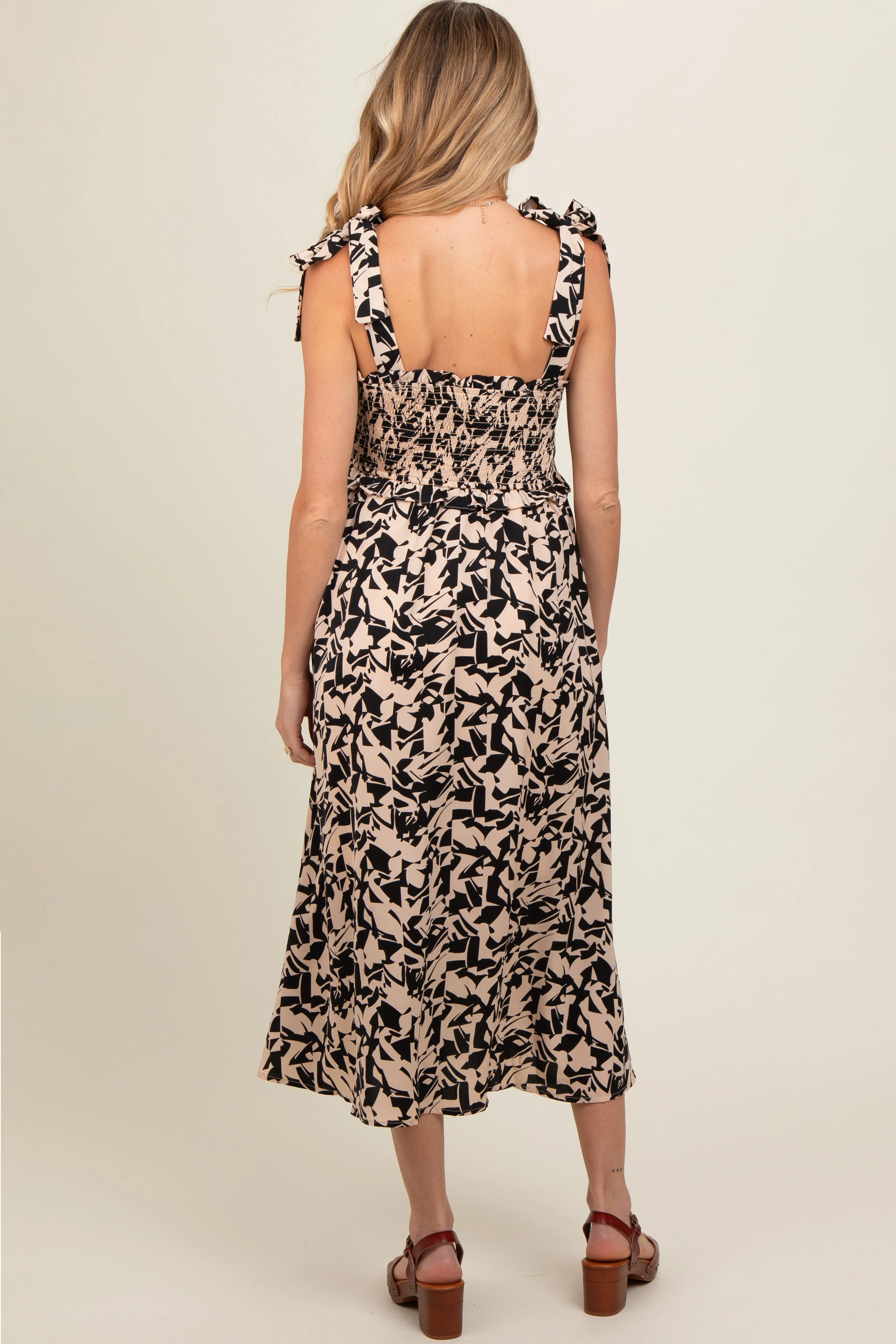 Black Printed Smocked Shoulder Tie Maternity Midi Dress sold by Pinkblush product image thumbnail 4