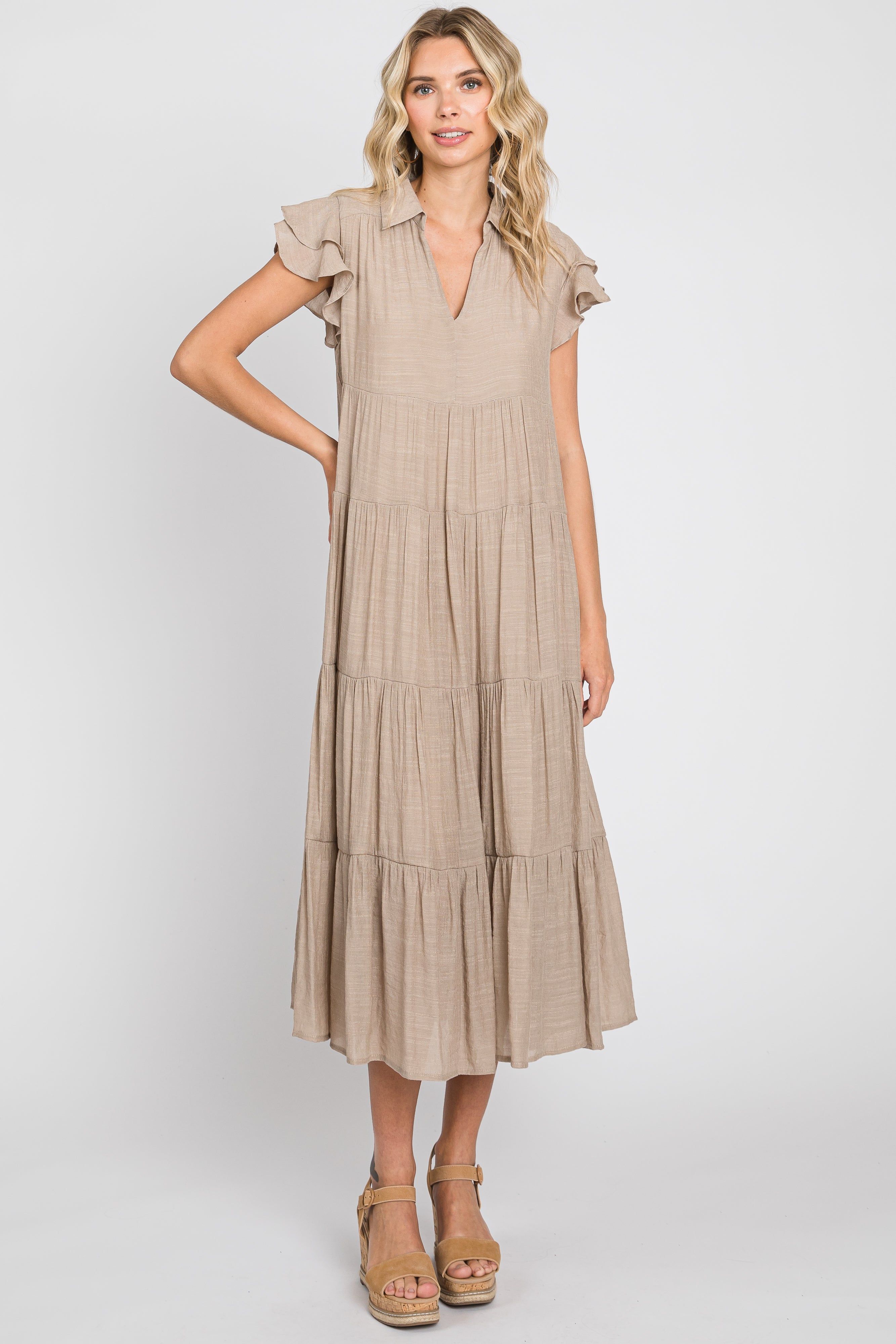 Taupe Flutter Sleeve Tiered Maternity Midi Dress sold by Pinkblush product image thumbnail 5