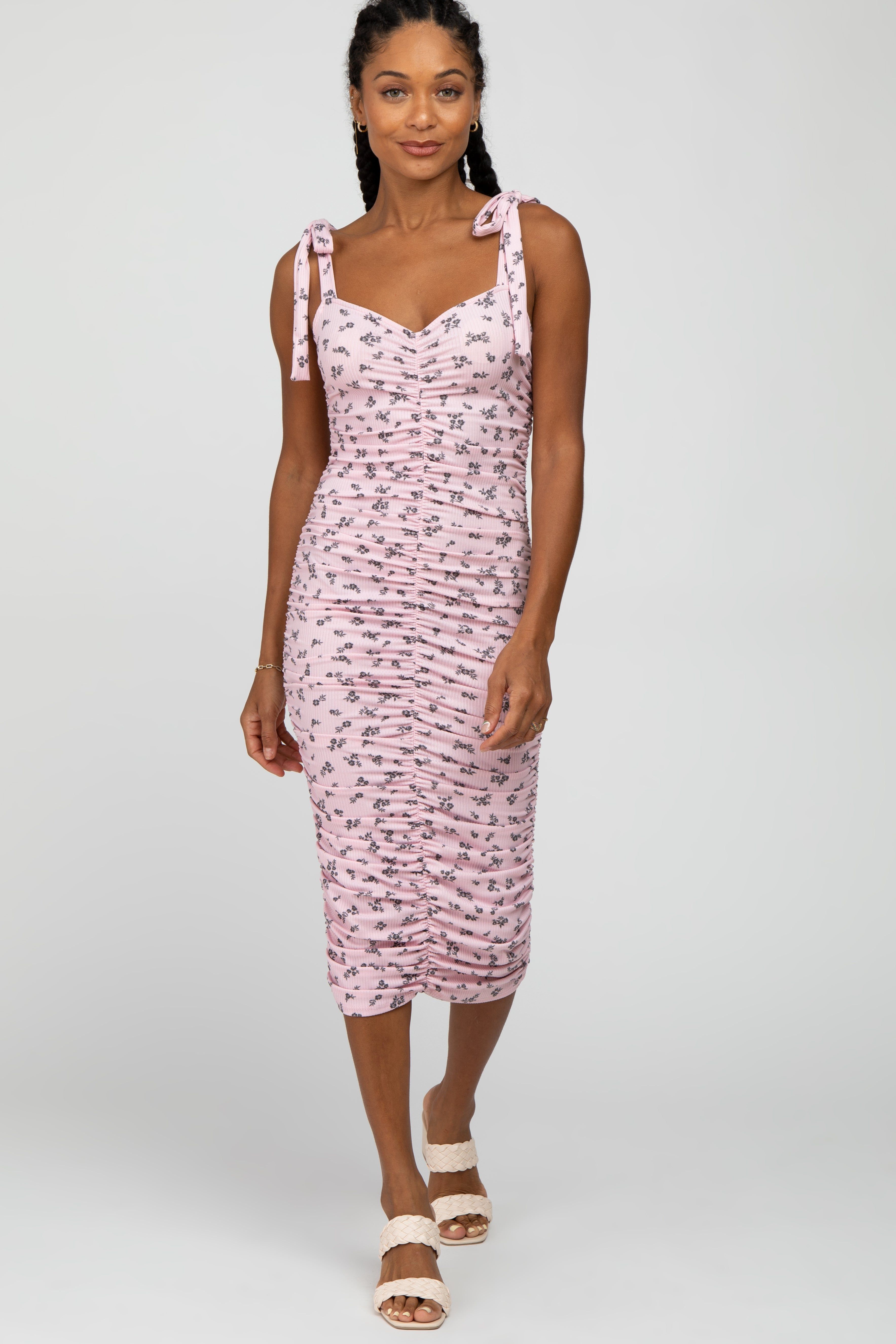 Pink Floral Ribbed Ruched Shoulder Tie Dress sold by Pinkblush product image thumbnail 2