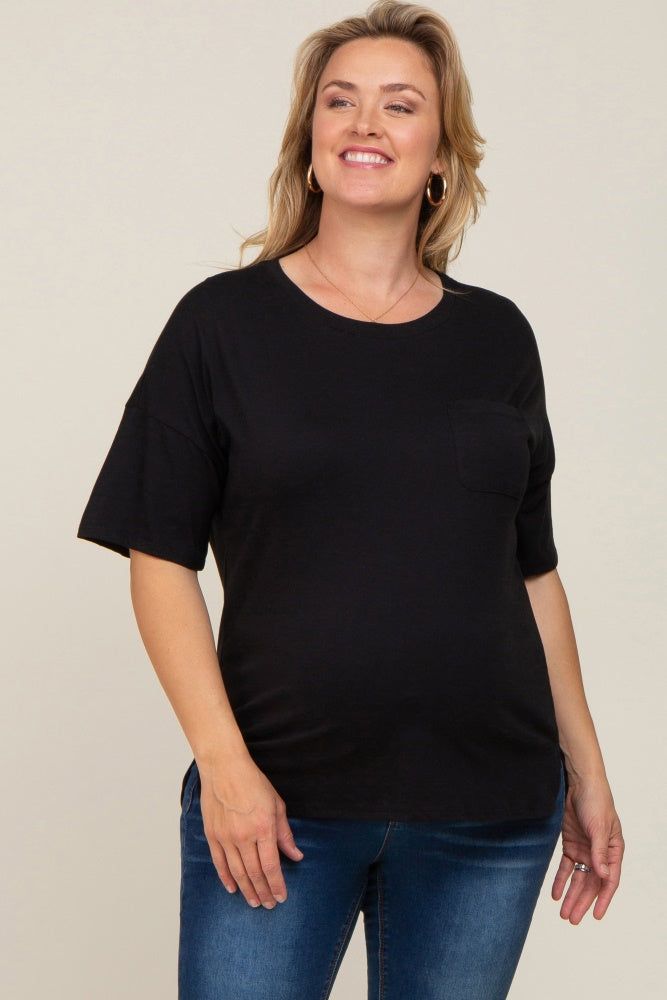 Black Short Sleeve Pocketed Plus Maternity Top sold by Pinkblush
