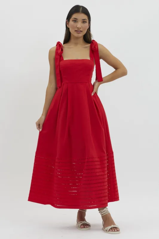 Red Linen Square Neck Shoulder Tie Eyelet Hem Midi Dress sold by Pinkblush
