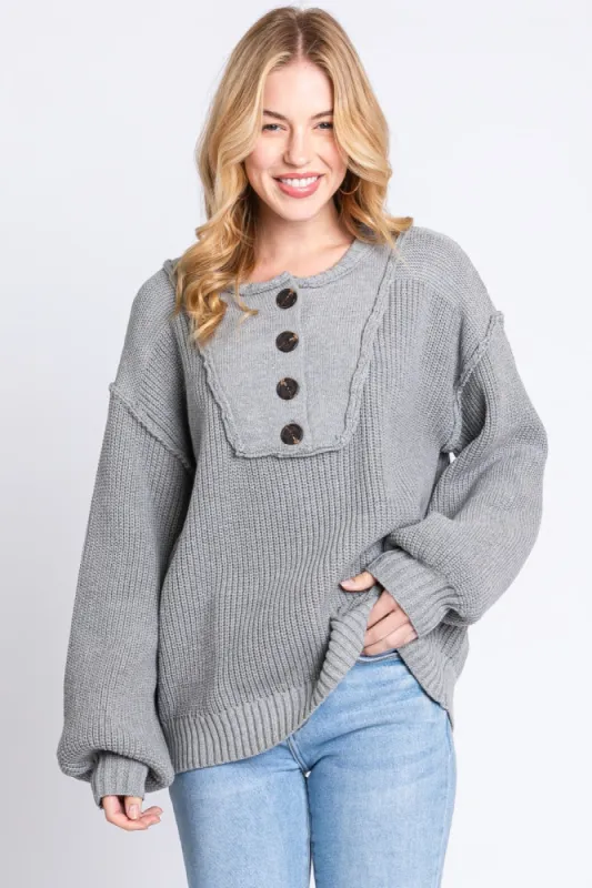 Grey Front Button Knit Sweater sold by Pinkblush