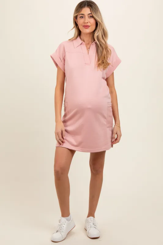 Pink Terry Cuff Sleeve Pocketed Collared Maternity Dress sold by Pinkblush