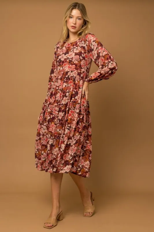 Burgundy Floral Tiered Long Sleeve Midi Dress sold by Pinkblush