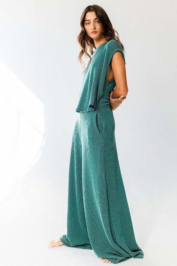 Hunter Green Open Front Wide Leg Textured Jumpsuit sold by Pinkblush product image thumbnail 2