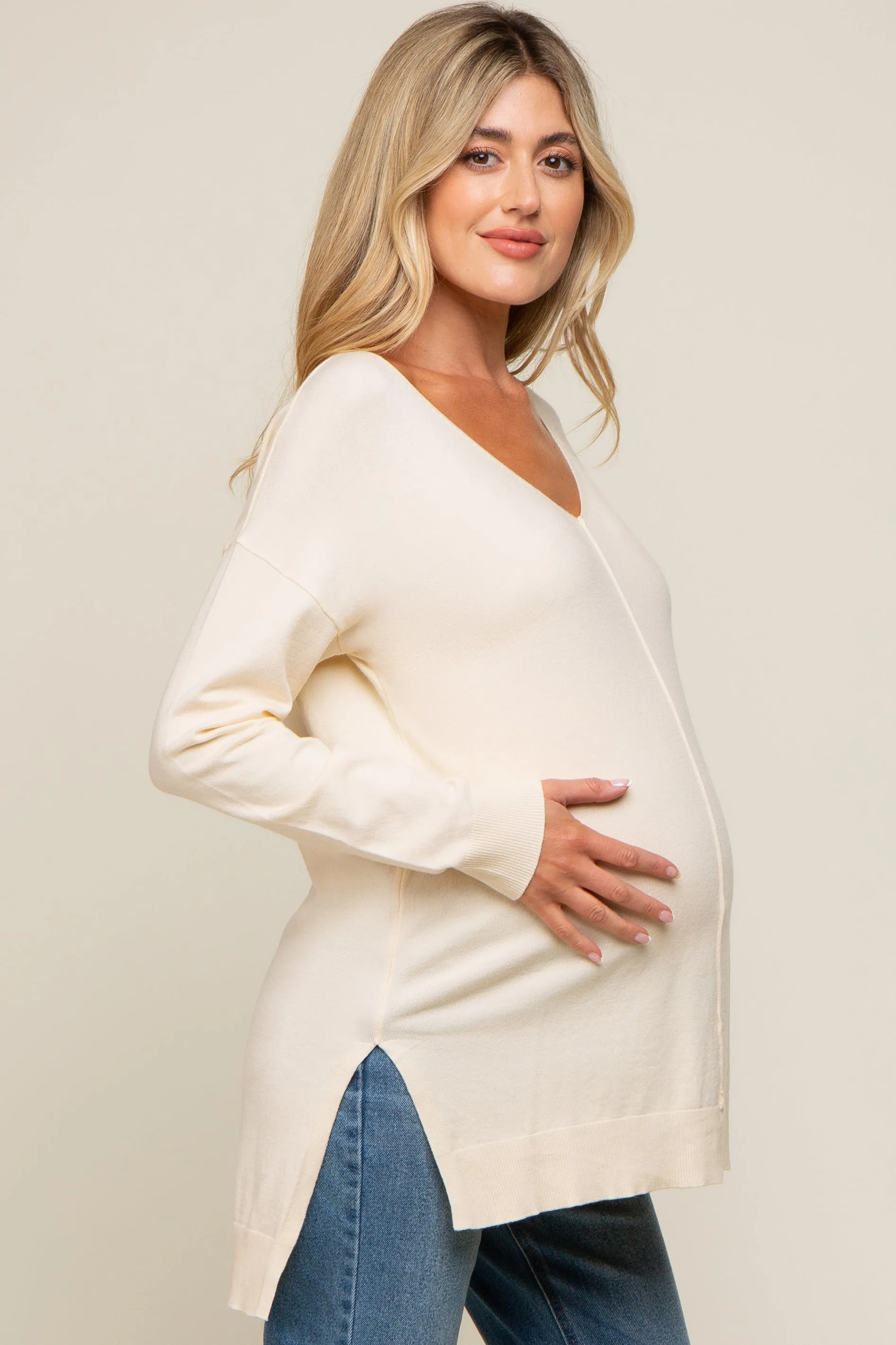 Cream Oversized Knit Side Slit Maternity Top sold by Pinkblush product image thumbnail 2