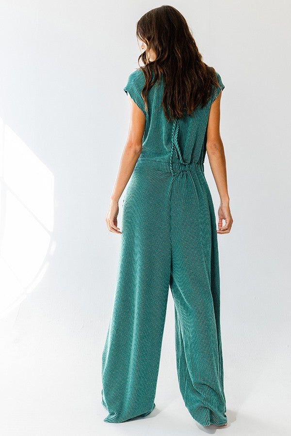 Hunter Green Open Front Wide Leg Textured Jumpsuit sold by Pinkblush product image thumbnail 3