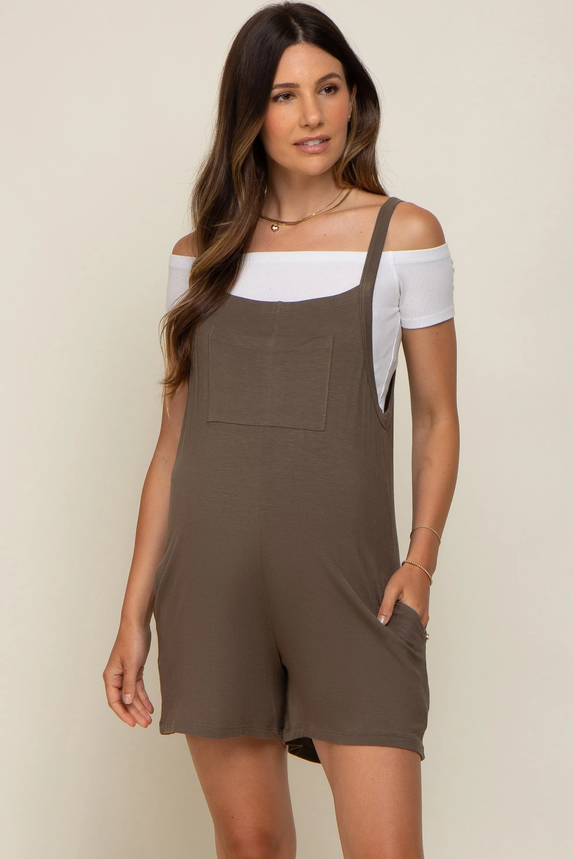 Olive Front Pocket Overall Knit Maternity Romper sold by Pinkblush