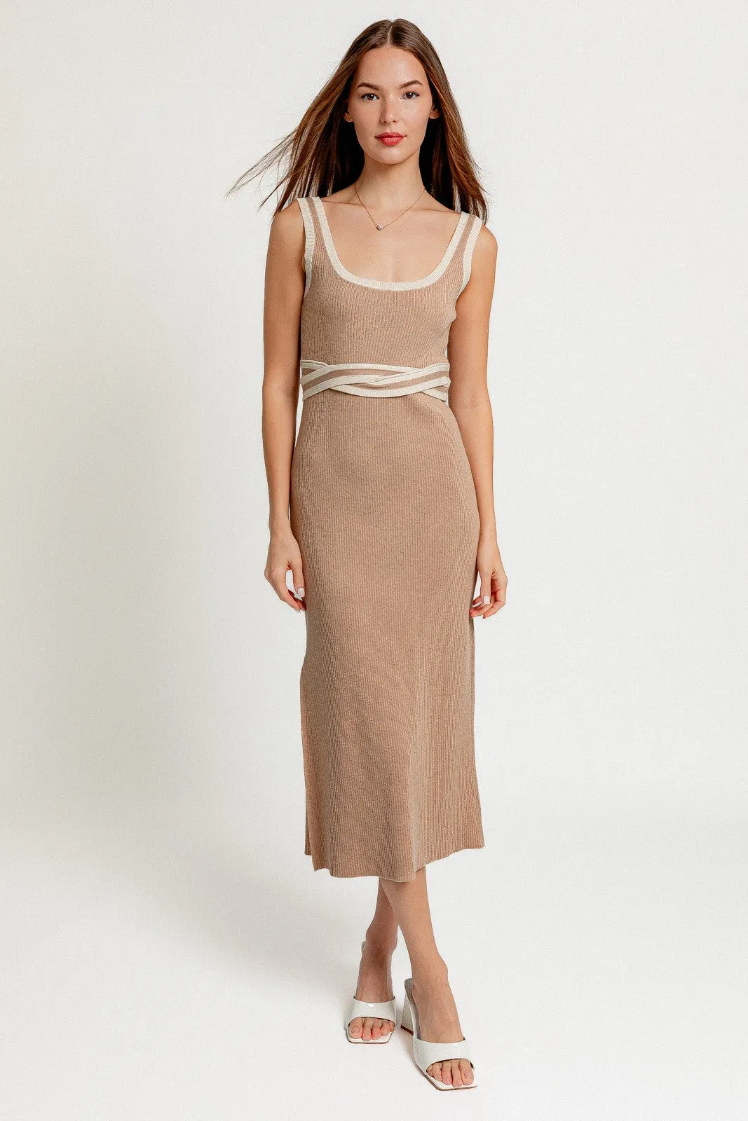 Taupe Ribbed Square Neck Side Slit Dress sold by Pinkblush