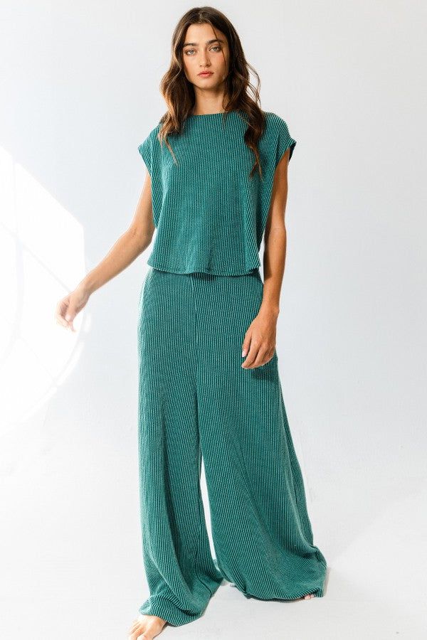 Hunter Green Open Front Wide Leg Textured Jumpsuit sold by Pinkblush