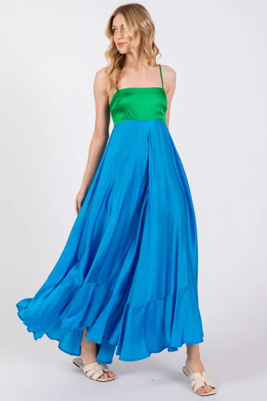 Green Colorblock Sleeveless Satin Dress sold by Pinkblush