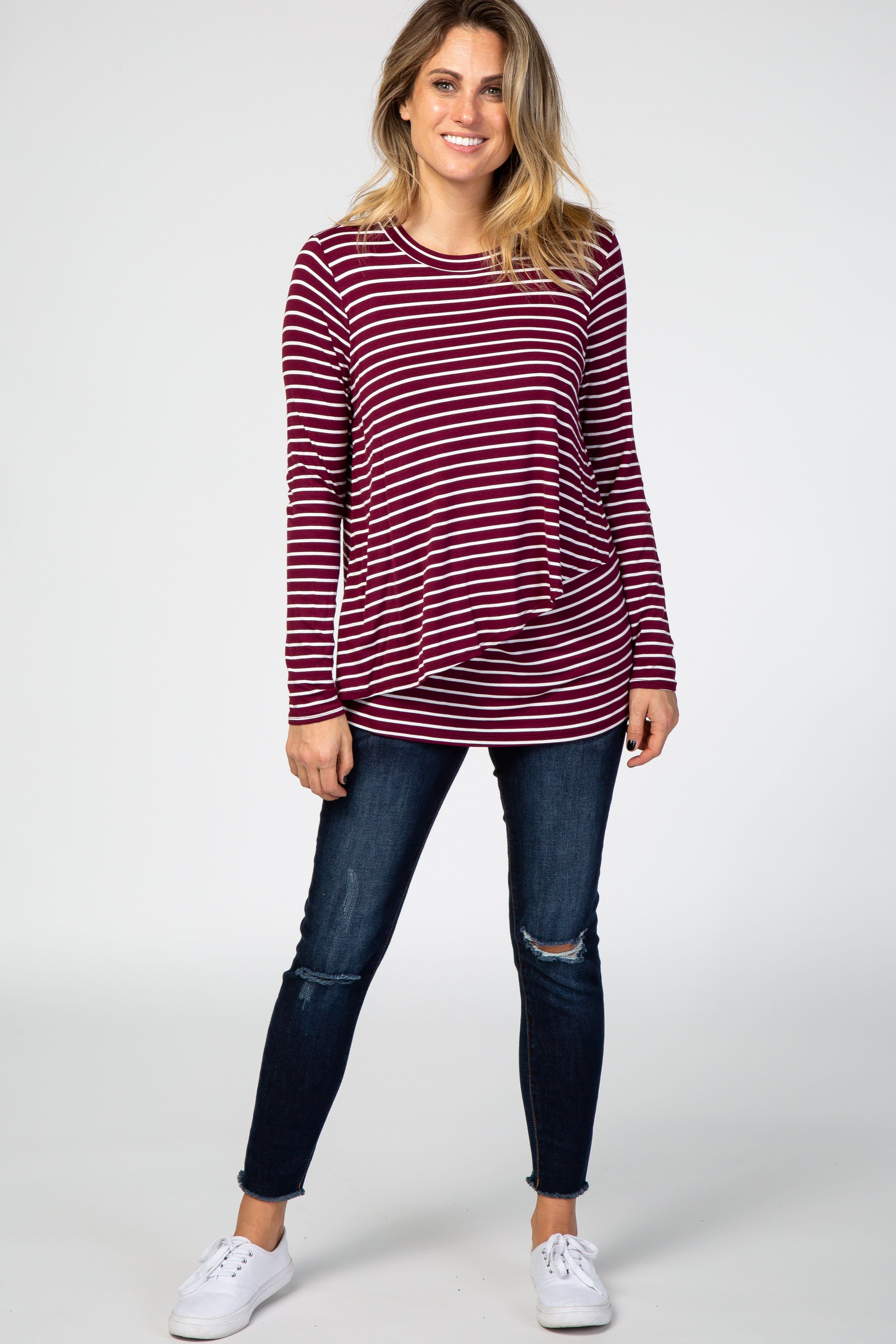 PinkBlush Burgundy Striped Layered Front Long Sleeve Nursing Top sold by Pinkblush product image thumbnail 5