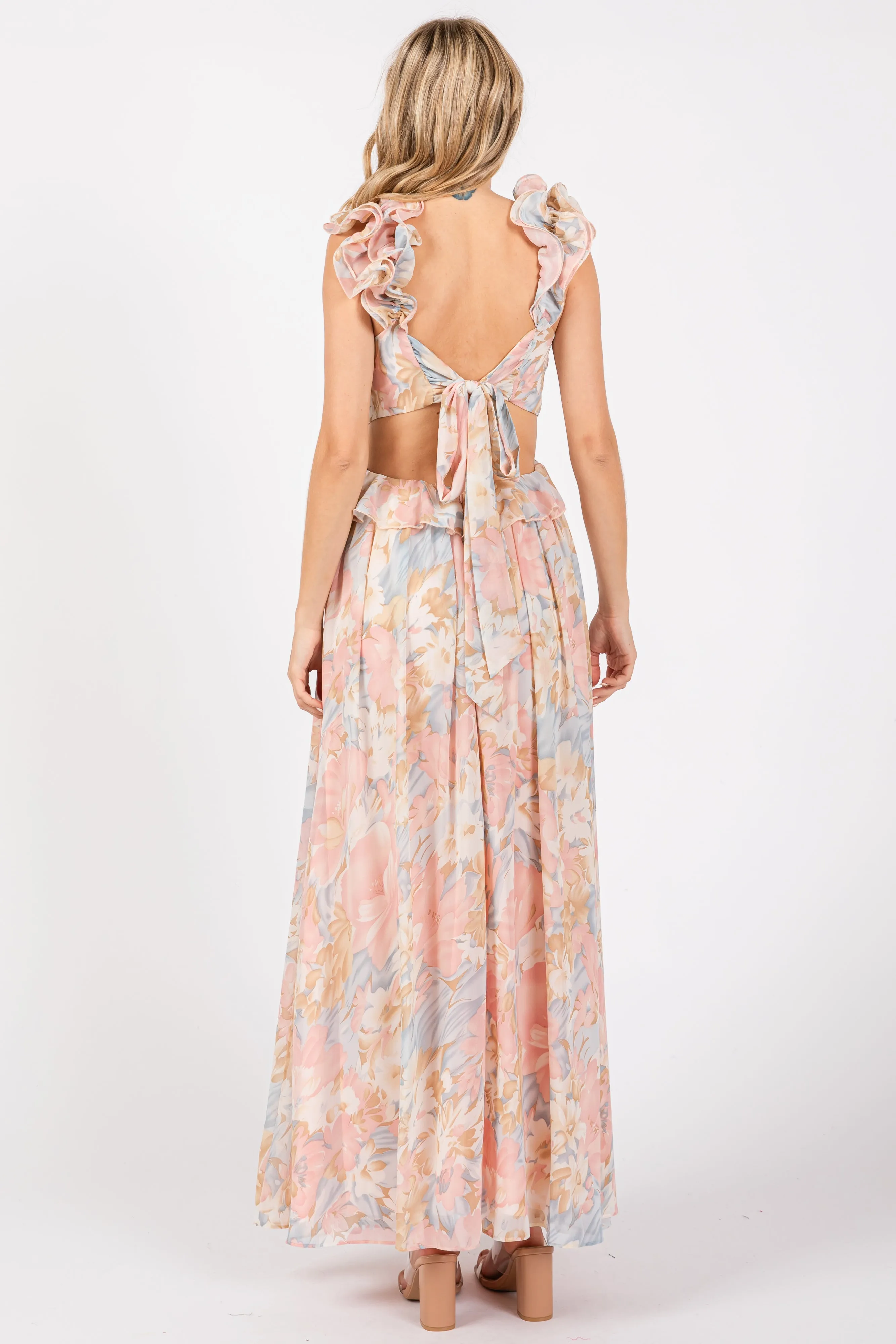 Light Pink Floral Ruffle Accent Cutout Gown sold by Pinkblush product image thumbnail 3