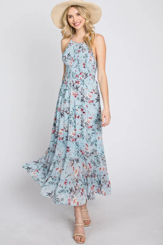 Light Blue Floral Chiffon Smocked Midi Dress sold by Pinkblush