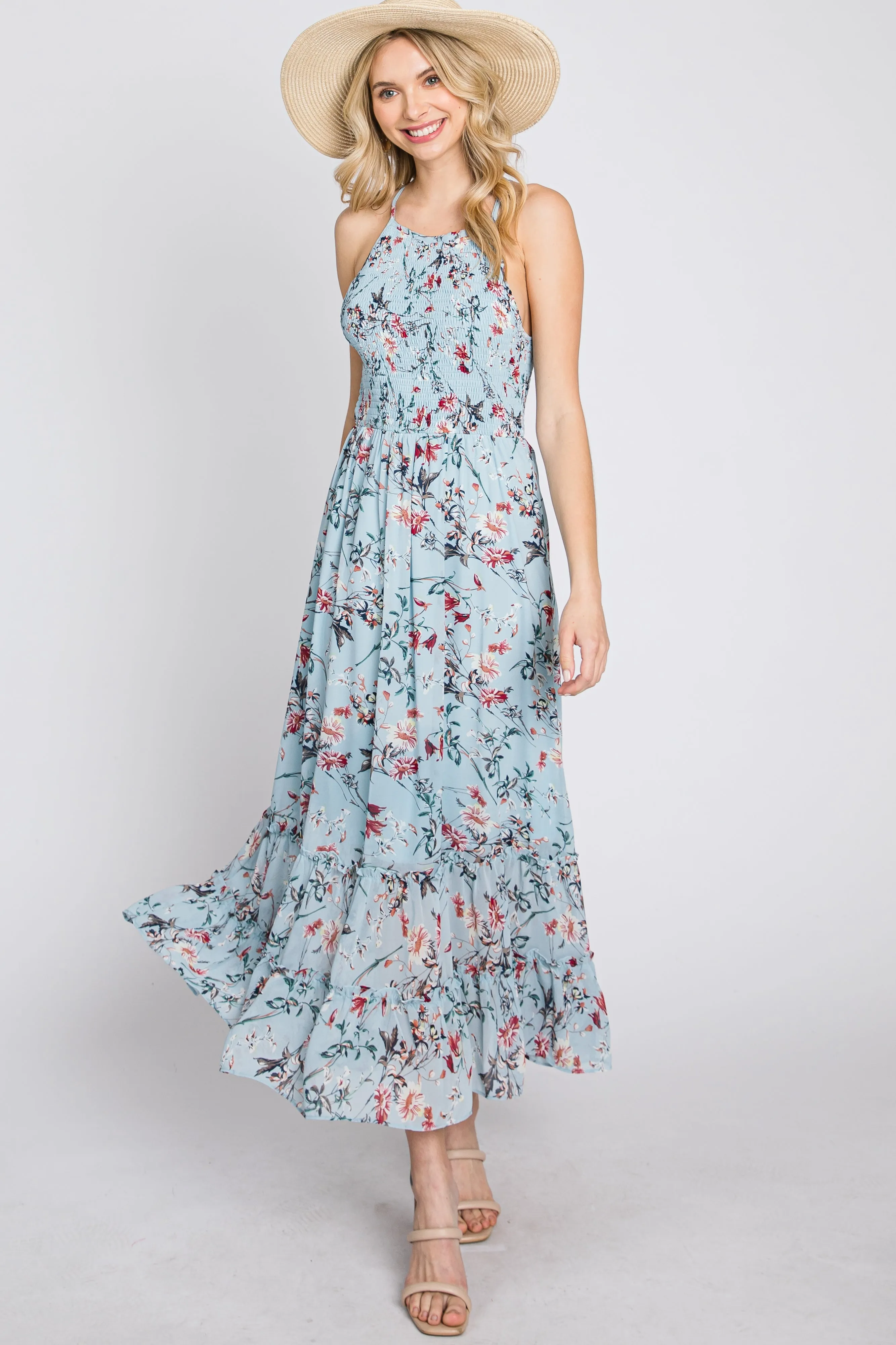 Light Blue Floral Chiffon Smocked Midi Dress sold by Pinkblush