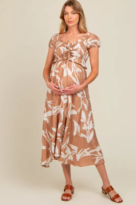 Camel Leaf Print Off Shoulder Smocked Maternity Midi Dress sold by Pinkblush