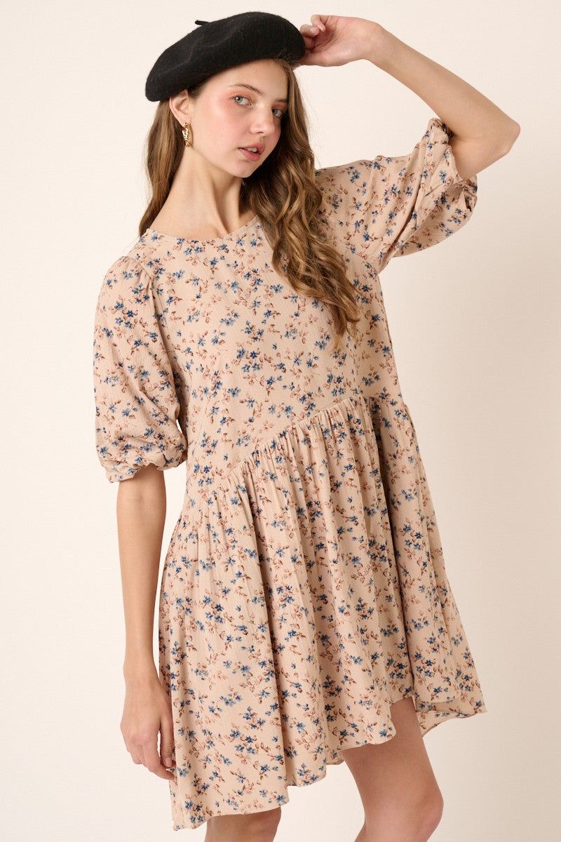 Dusty Blush Flower Print Balloon Sleeve Babydoll Mini Dress sold by Pinkblush product image thumbnail 2