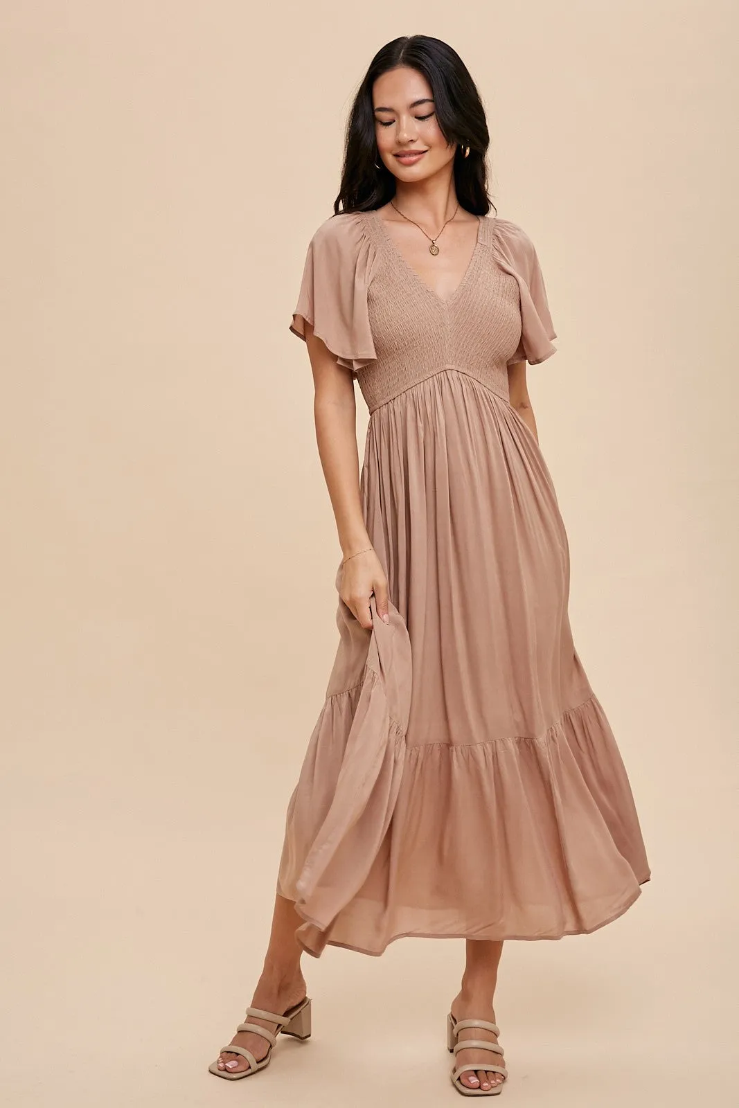 Taupe Smocked Flutter Sleeve Maternity Midi Dress sold by Pinkblush product image thumbnail 4
