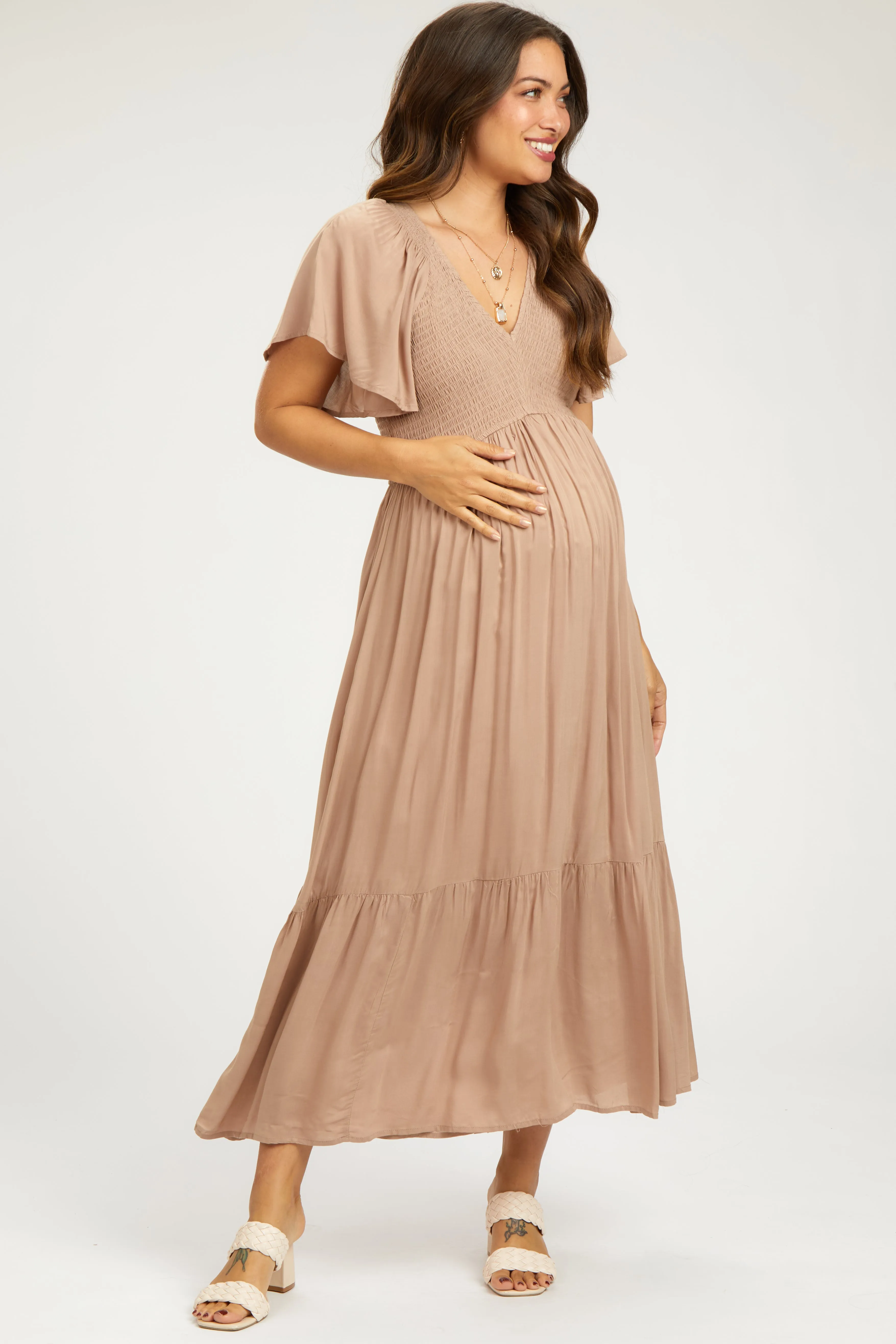 Taupe Smocked Flutter Sleeve Maternity Midi Dress sold by Pinkblush