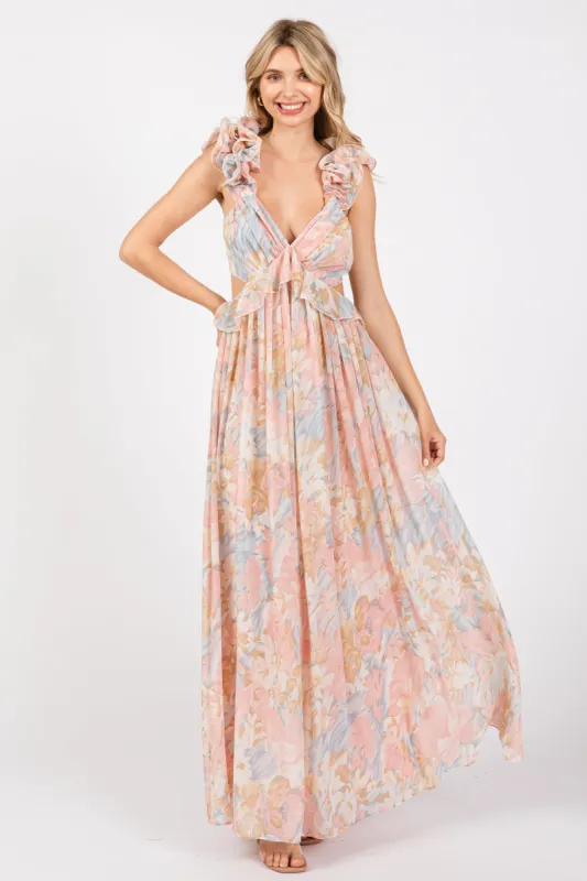 Light Pink Floral Ruffle Accent Cutout Gown sold by Pinkblush