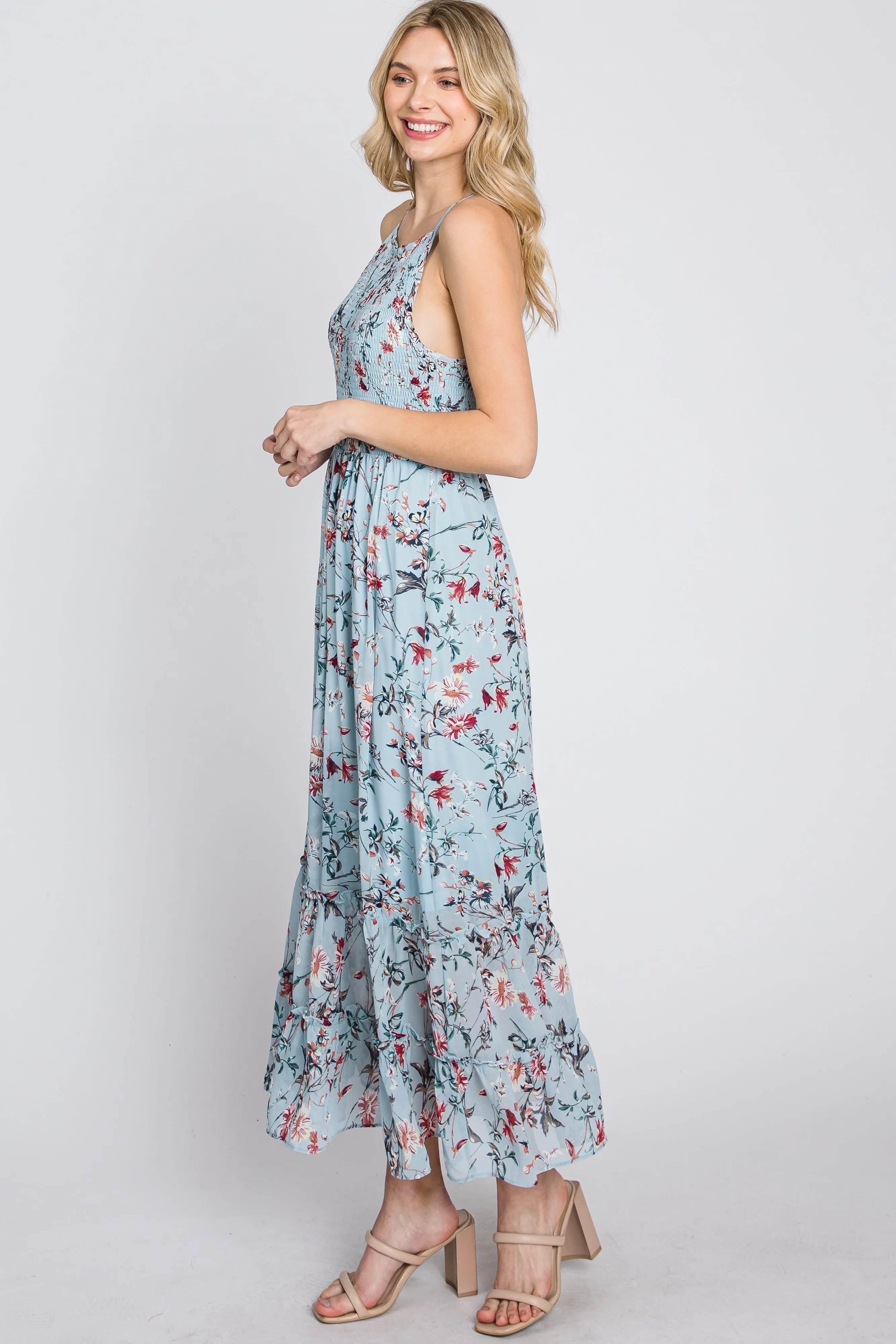 Light Blue Floral Chiffon Smocked Midi Dress sold by Pinkblush product image thumbnail 5