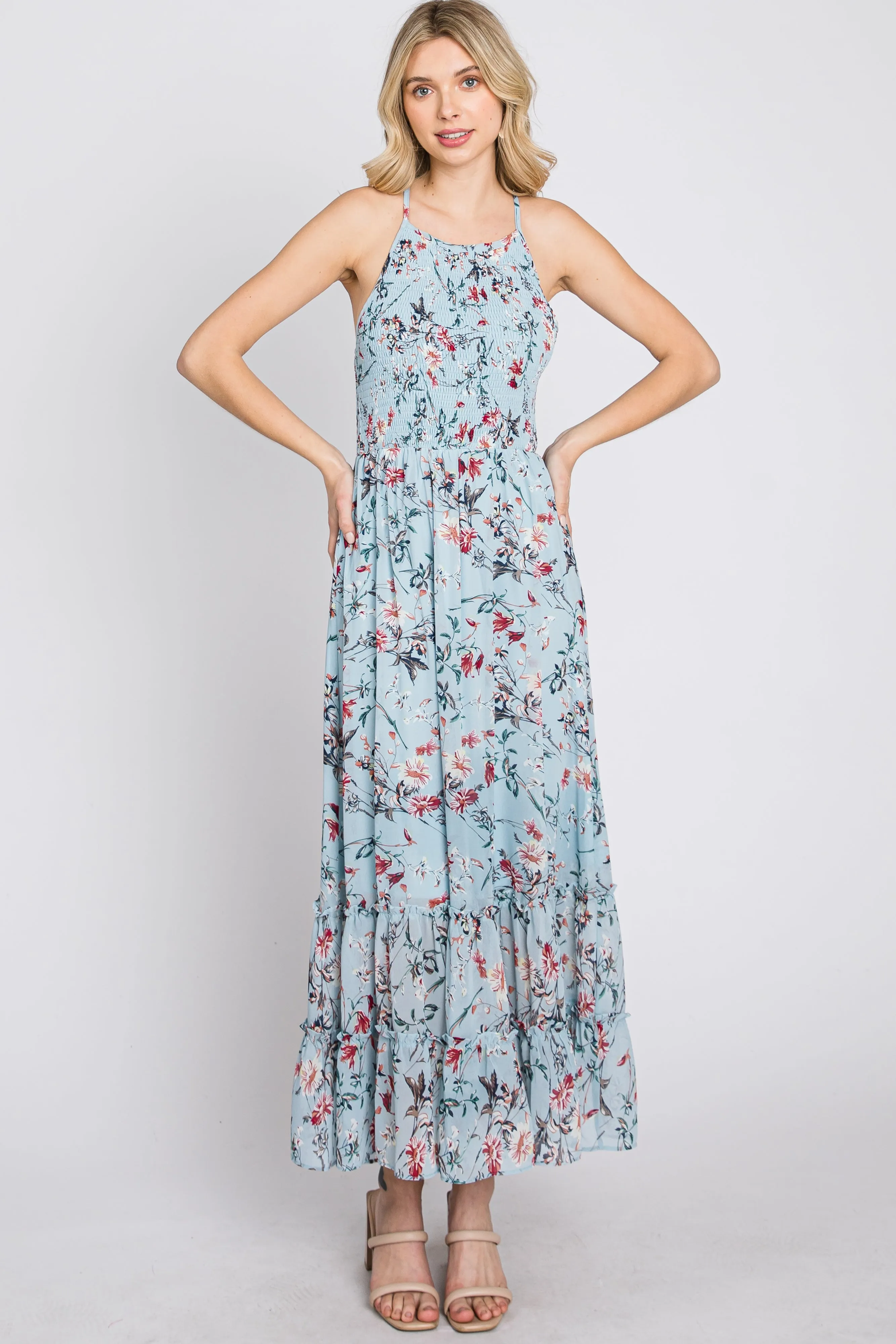 Light Blue Floral Chiffon Smocked Midi Dress sold by Pinkblush product image thumbnail 2