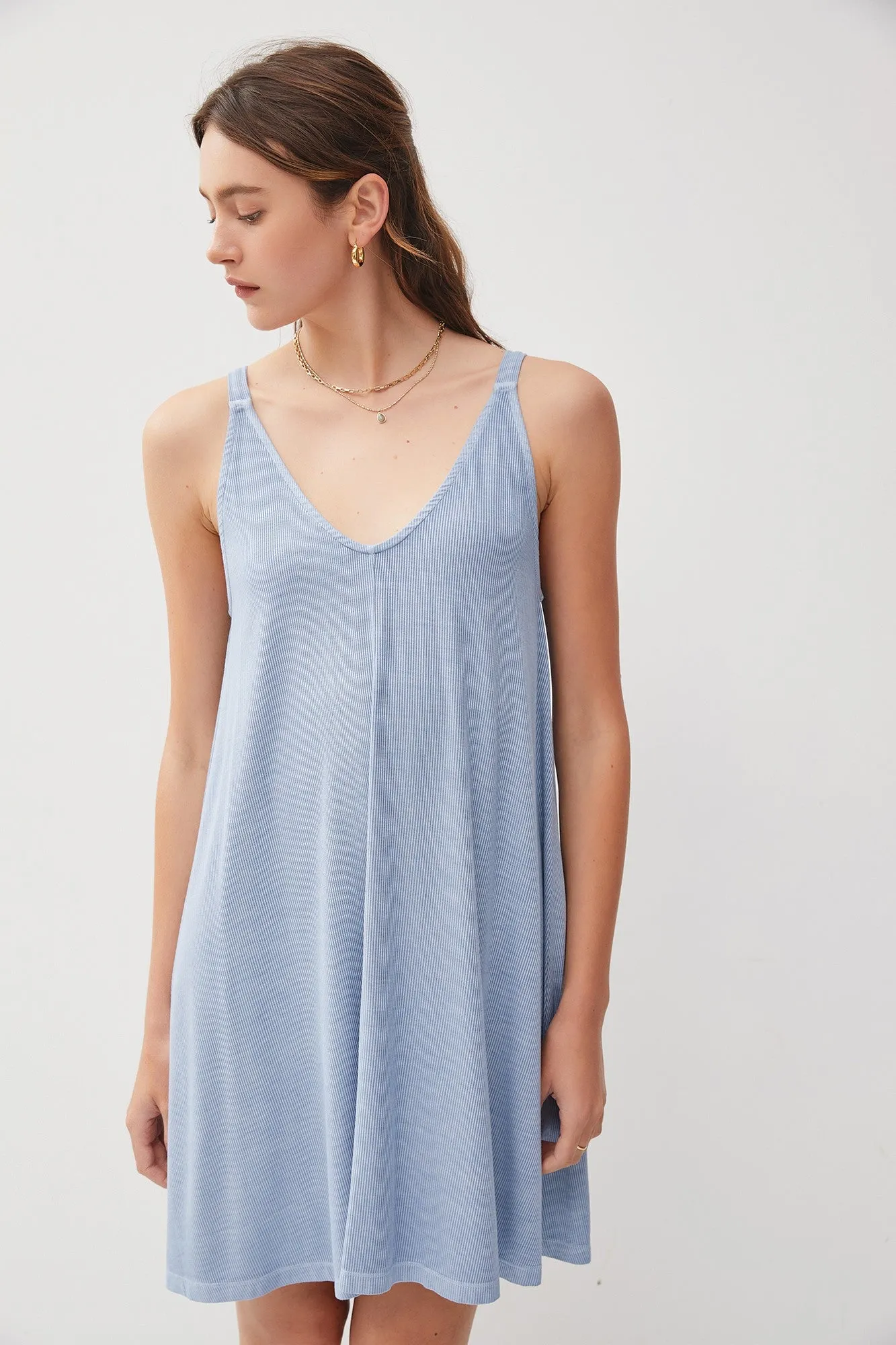 Blue Ribbed Sleeveless Front Seam Dress sold by Pinkblush