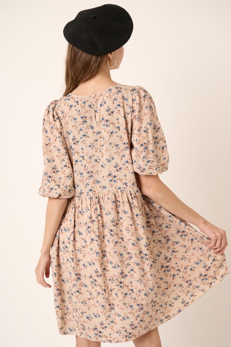 Dusty Blush Flower Print Balloon Sleeve Babydoll Mini Dress sold by Pinkblush product image thumbnail 3