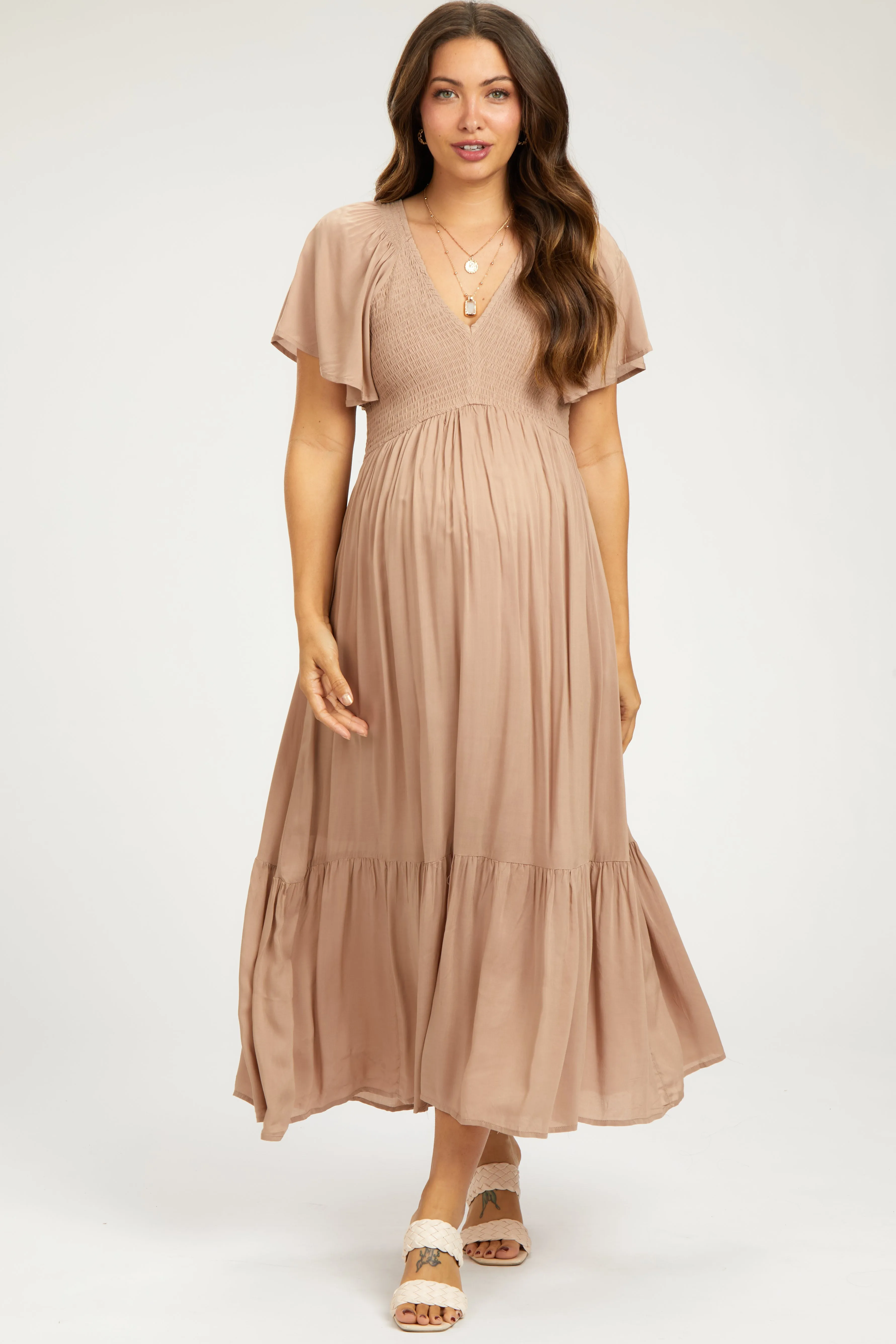 Taupe Smocked Flutter Sleeve Maternity Midi Dress sold by Pinkblush product image thumbnail 2