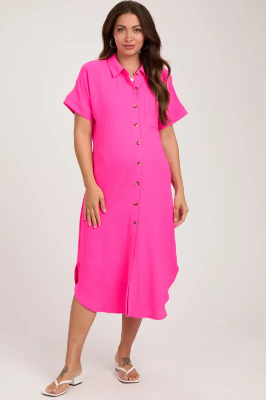 Fuchsia Button Down Front Pocket Maternity Midi Dress sold by Pinkblush
