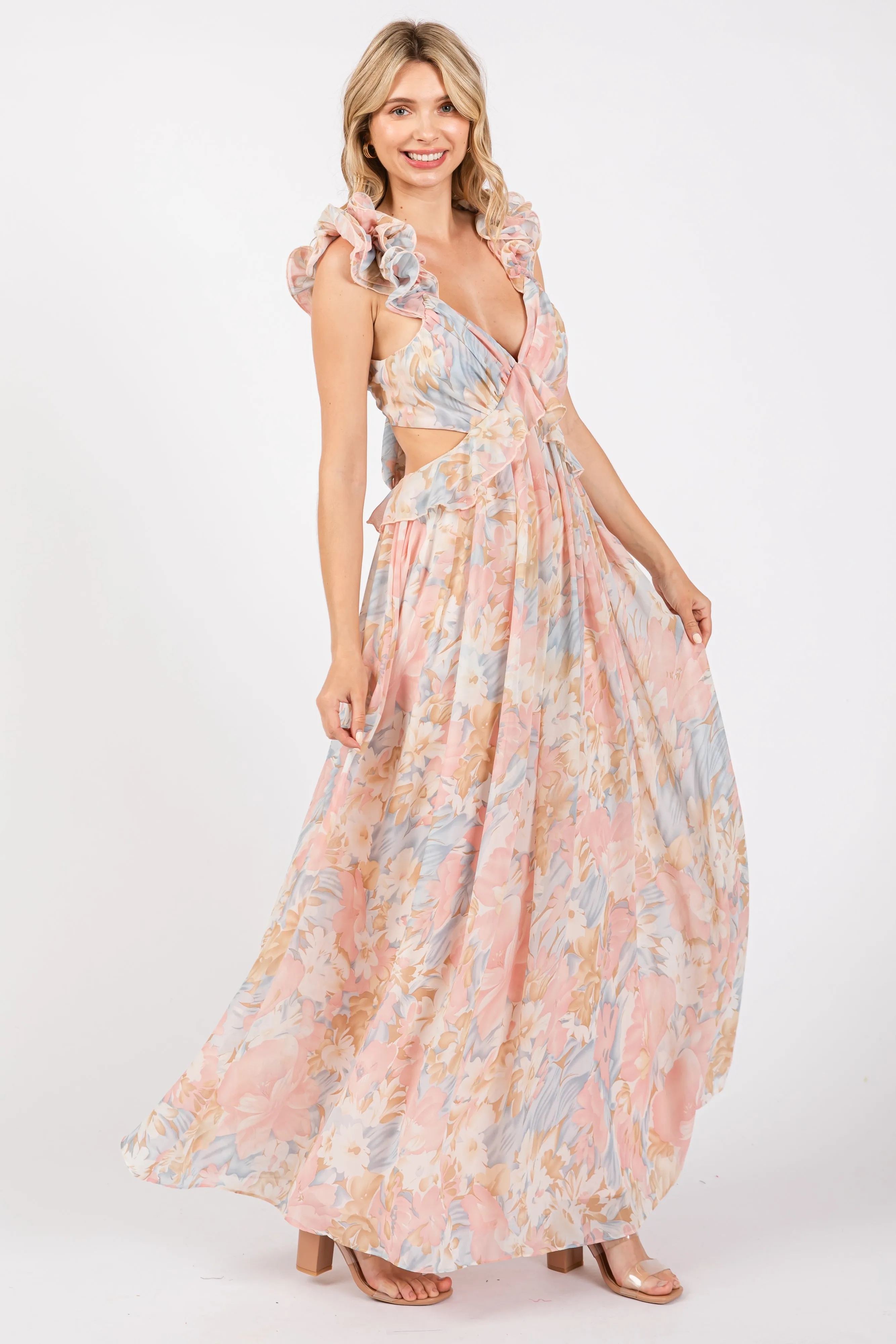 Light Pink Floral Ruffle Accent Cutout Gown sold by Pinkblush product image thumbnail 2